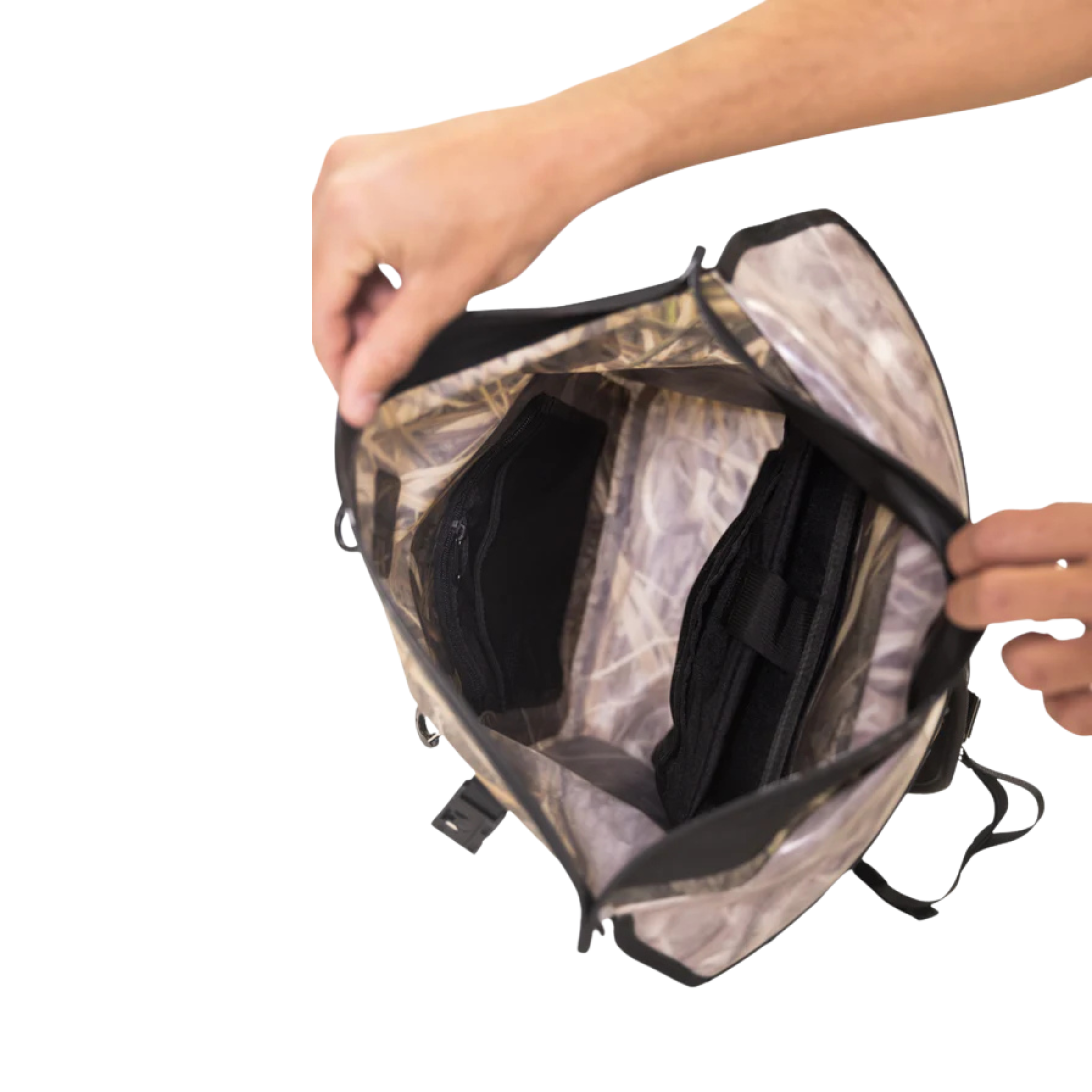 Camo hunting backpack with interior pockets and organizational compartments for outdoor gear storage