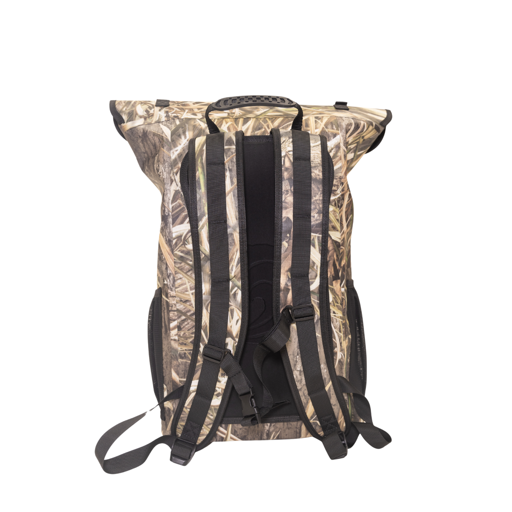Camo hunting backpack with adjustable straps and roll-top closure for outdoor gear storage