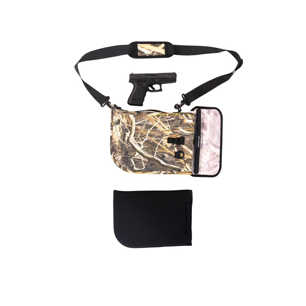 Mossy Oak camo hunting waist pack with dry pocket, strap, and pistol holster for outdoor gear storage