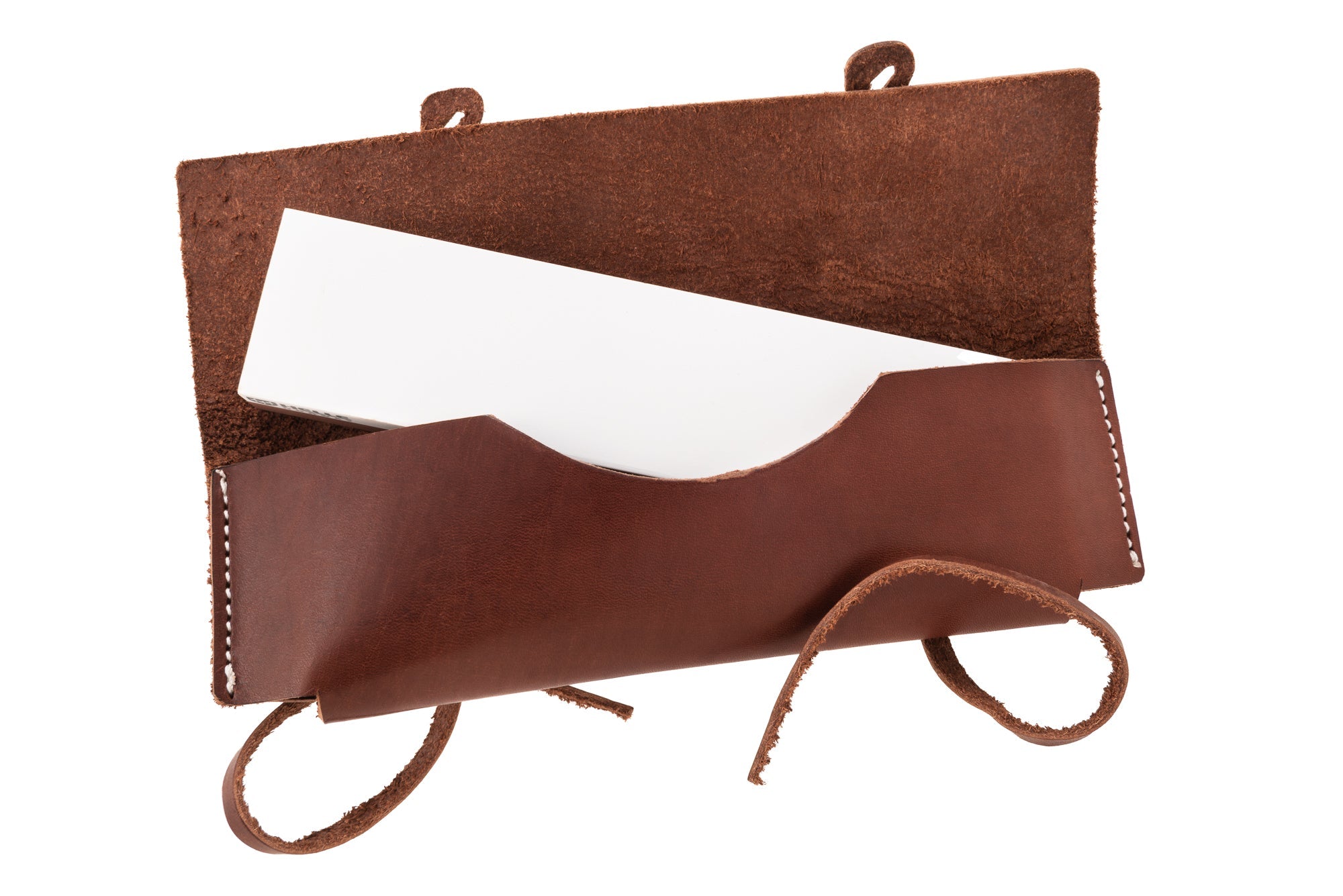 Brown leather knife sheath with white stitching, designed for outdoor hunting gear storage