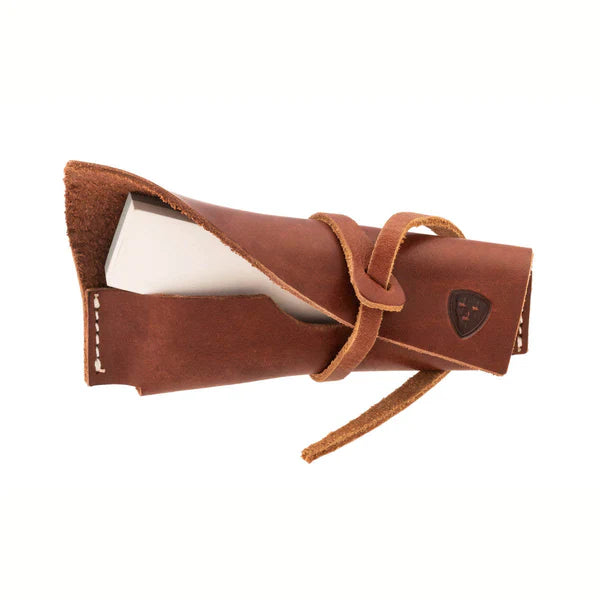 Brown leather knife sheath with tie strap, for hunting and outdoor gear