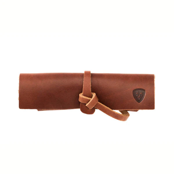 Brown leather knife roll with strap closure, ideal for hunting gear storage