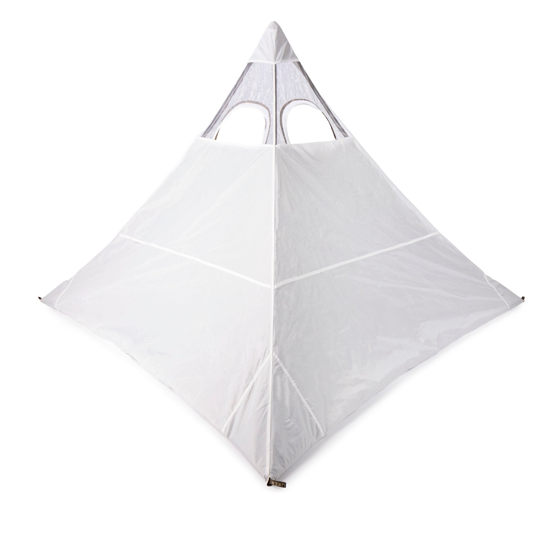 White pyramid-style hunting blind tent with mesh windows for outdoor concealment and observation