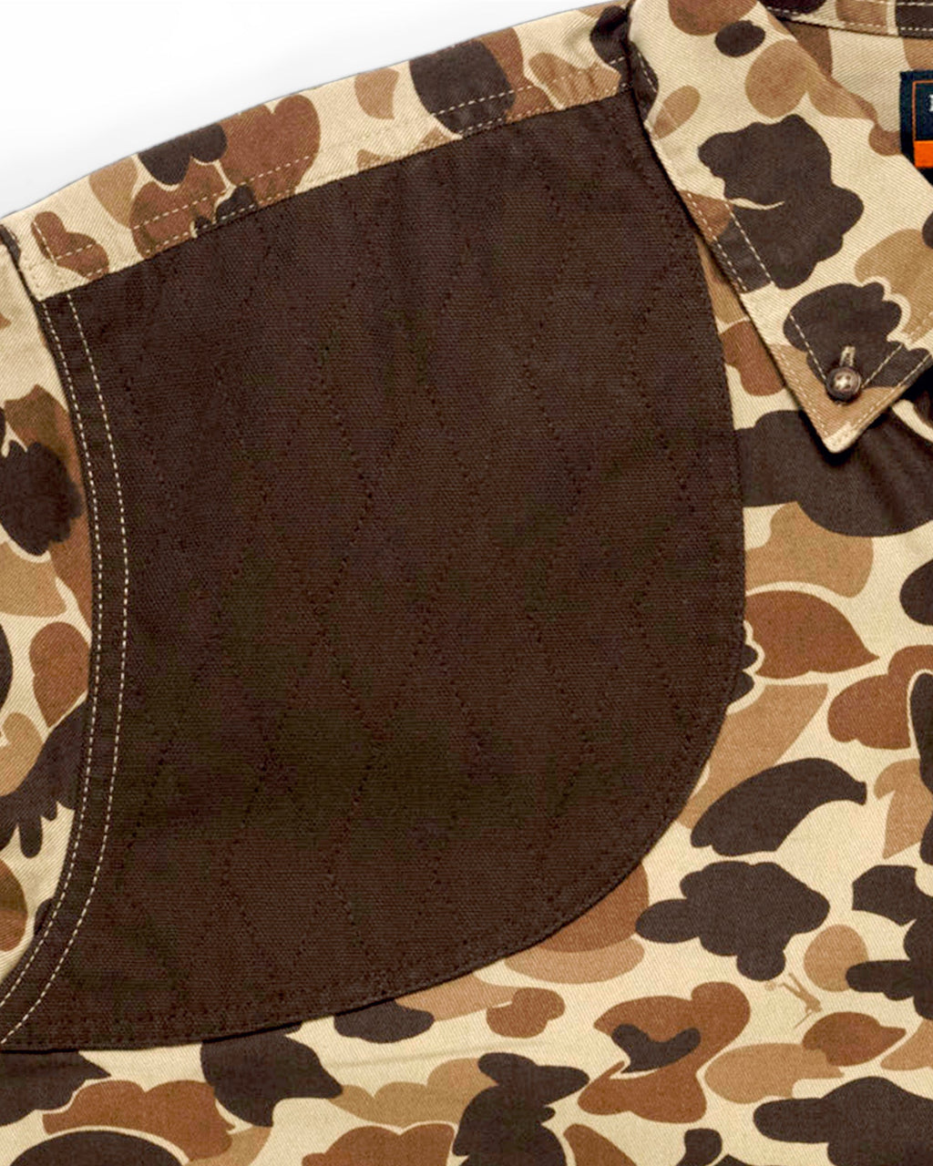 Quilted brown shooting shoulder on the Original Camo Sportsmans Shirt FG
