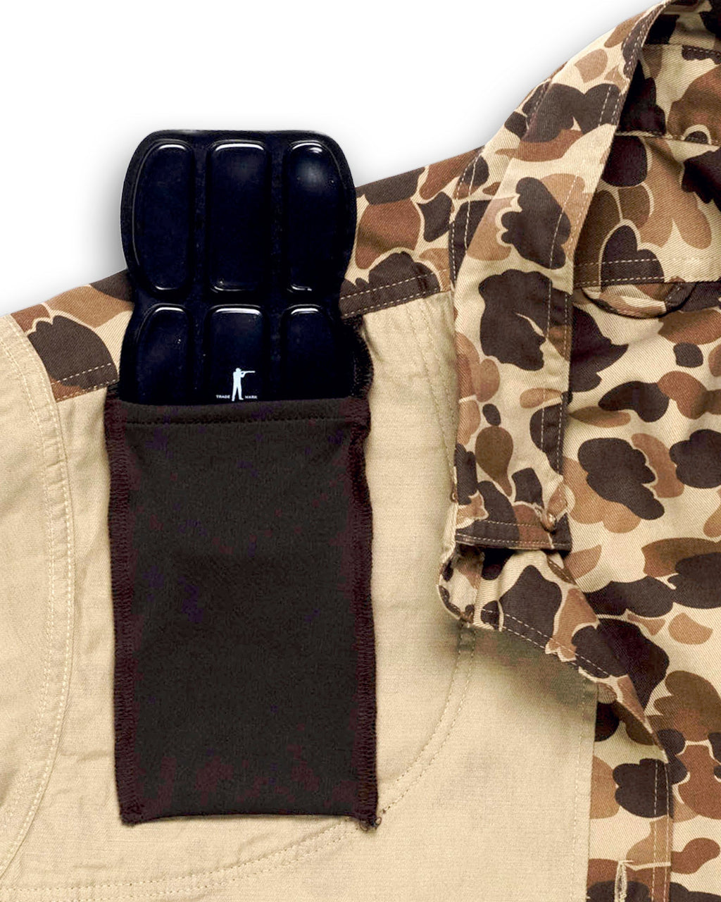 Recoil pad sliding into the concealed shoulder pocket of the Original Camo Sportsmans Shirt FG
