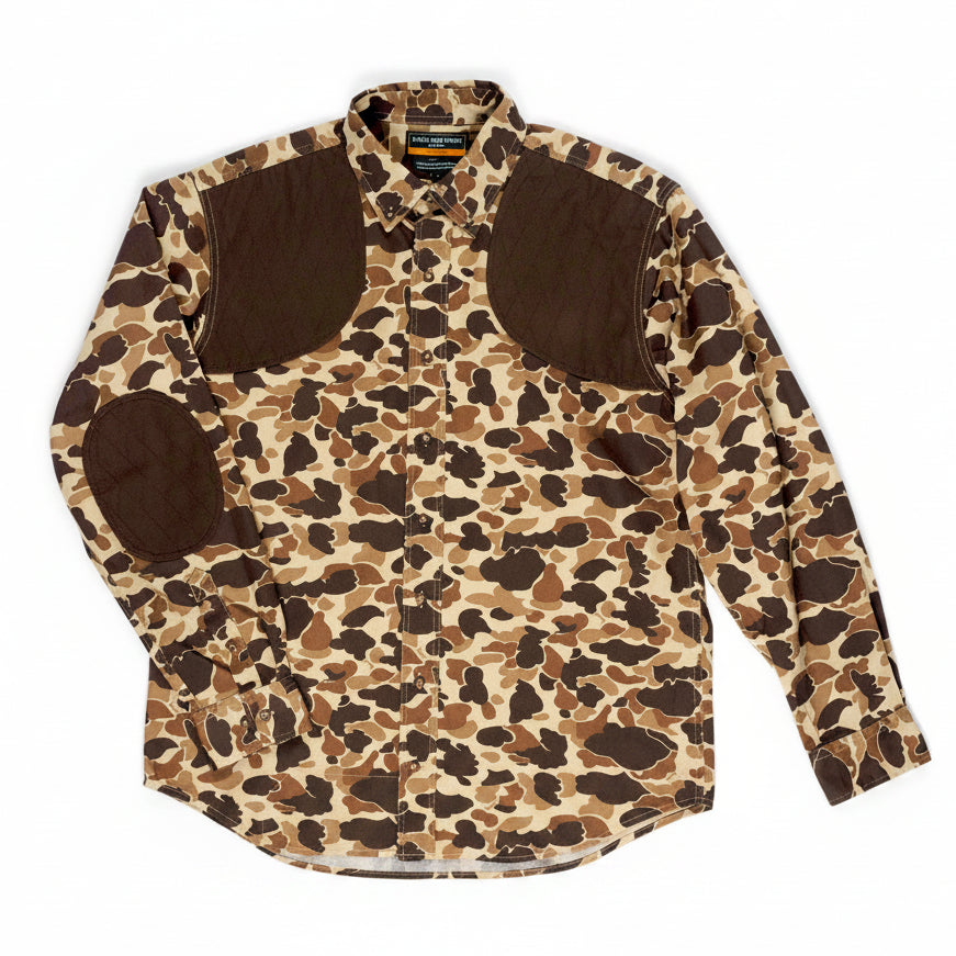 Ball and Buck Sportsmans Shirt FG in Original Camo twill with quilted brown shooting shoulders, front view