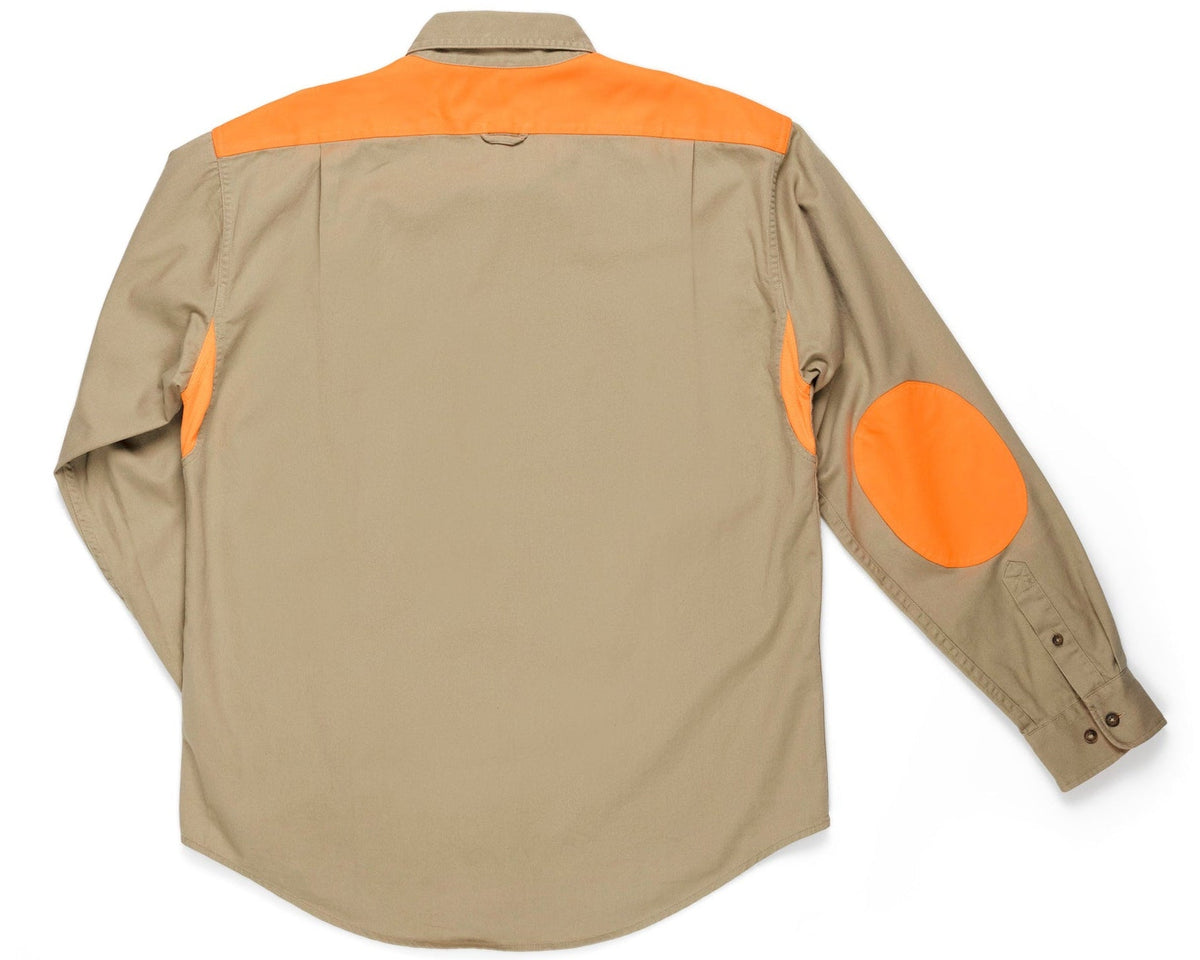 Sportsmans Shirt FG Upland Edition, back view with blaze orange shoulder yoke and elbow patches