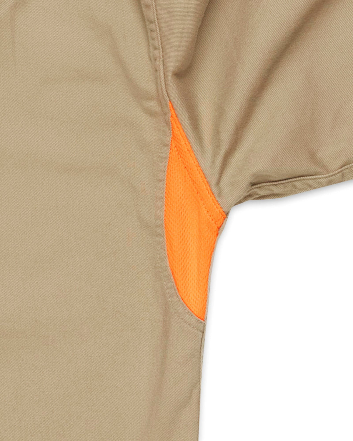 Blaze orange Tech Vent underarm panel on the khaki Sportsmans Shirt FG Upland Edition