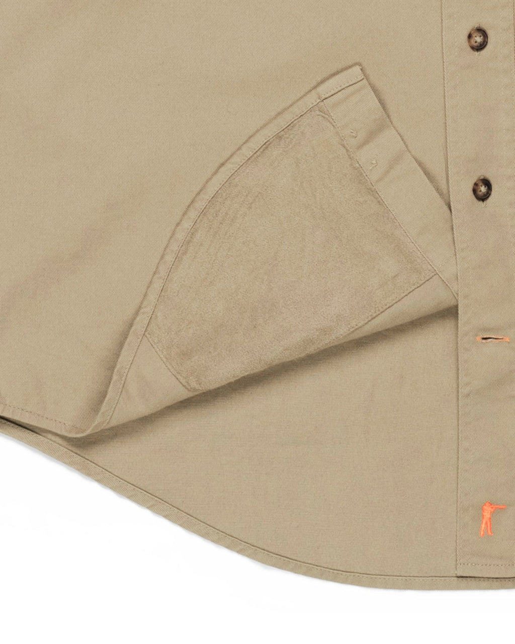 Concealed recoil pad pocket under the shooting shoulder of the Sportsmans Shirt FG Upland Edition