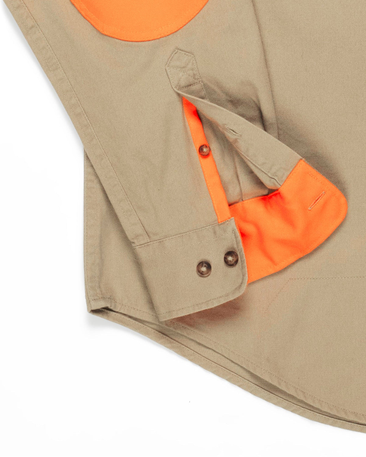 Cuff and sleeve detail with blaze orange elbow reinforcement on the Sportsmans Shirt FG