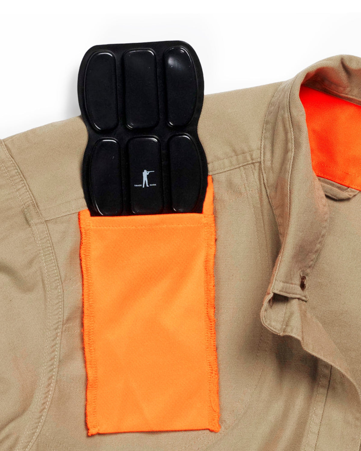 Recoil pad insert sliding into the blaze orange shoulder pocket of the Sportsmans Shirt FG