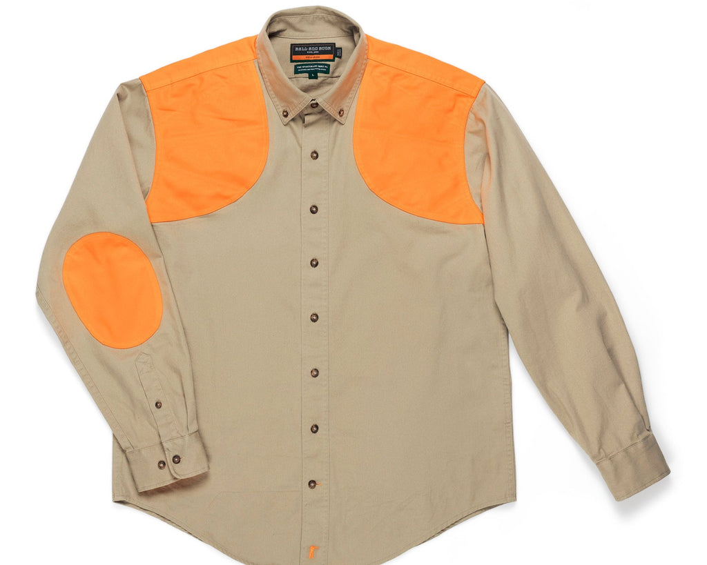 Ball and Buck Sportsmans Shirt FG Upland Edition in khaki twill with blaze orange shooting shoulders and elbow patches, front view