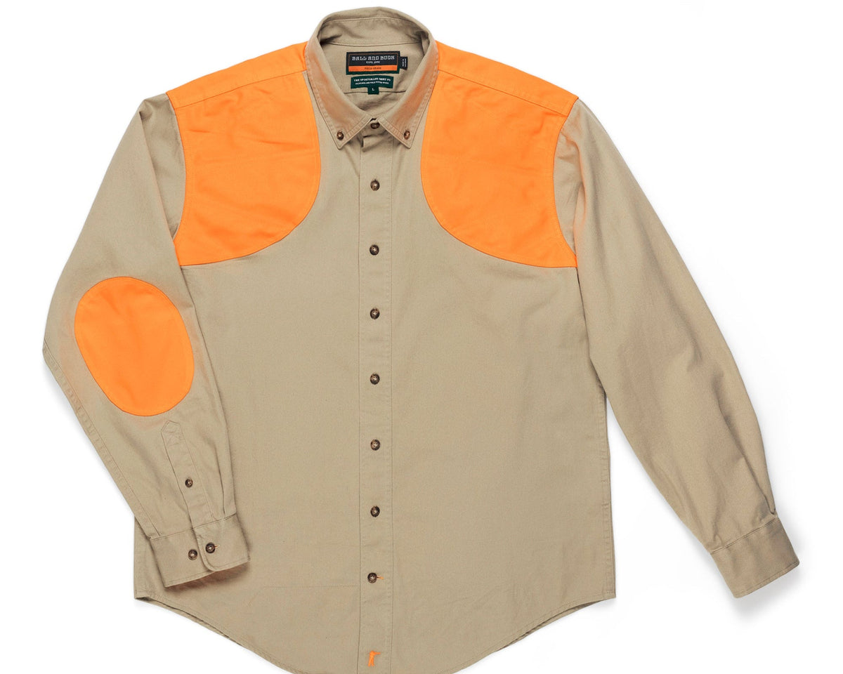 Ball and Buck Sportsmans Shirt FG Upland Edition in khaki twill with blaze orange shooting shoulders and elbow patches, front view