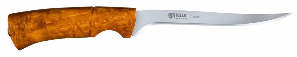 Helle Steinbit hunting knife with curly birch handle, stainless steel blade for outdoor use