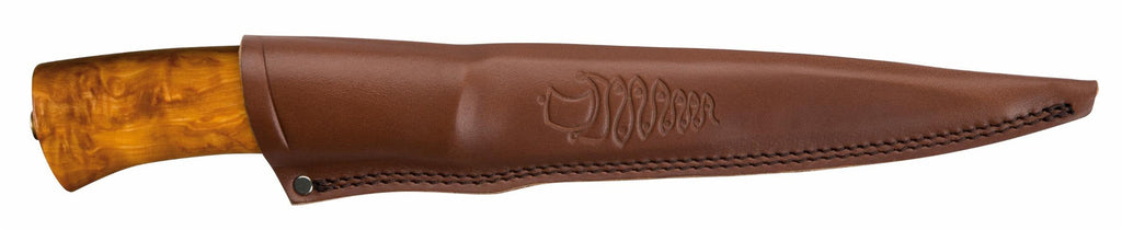 Hunting knife with curly birch handle and brown leather sheath, ideal for outdoor survival and camping gear.