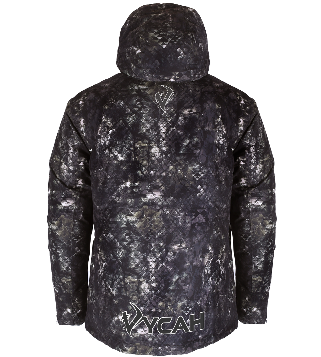 Vycah Sub Zero Jacket in Deep Woods camo, back view with Vycah logo at the lower back