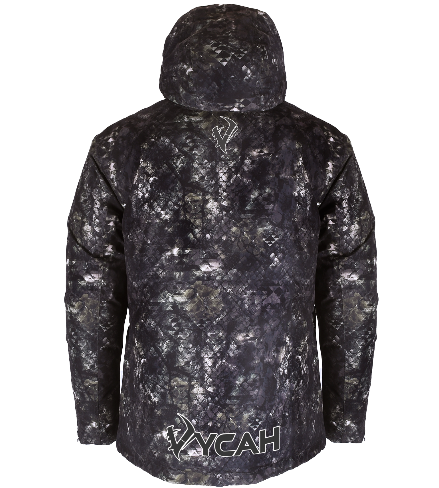 Vycah Sub Zero Jacket in Deep Woods camo, back view with Vycah logo at the lower back