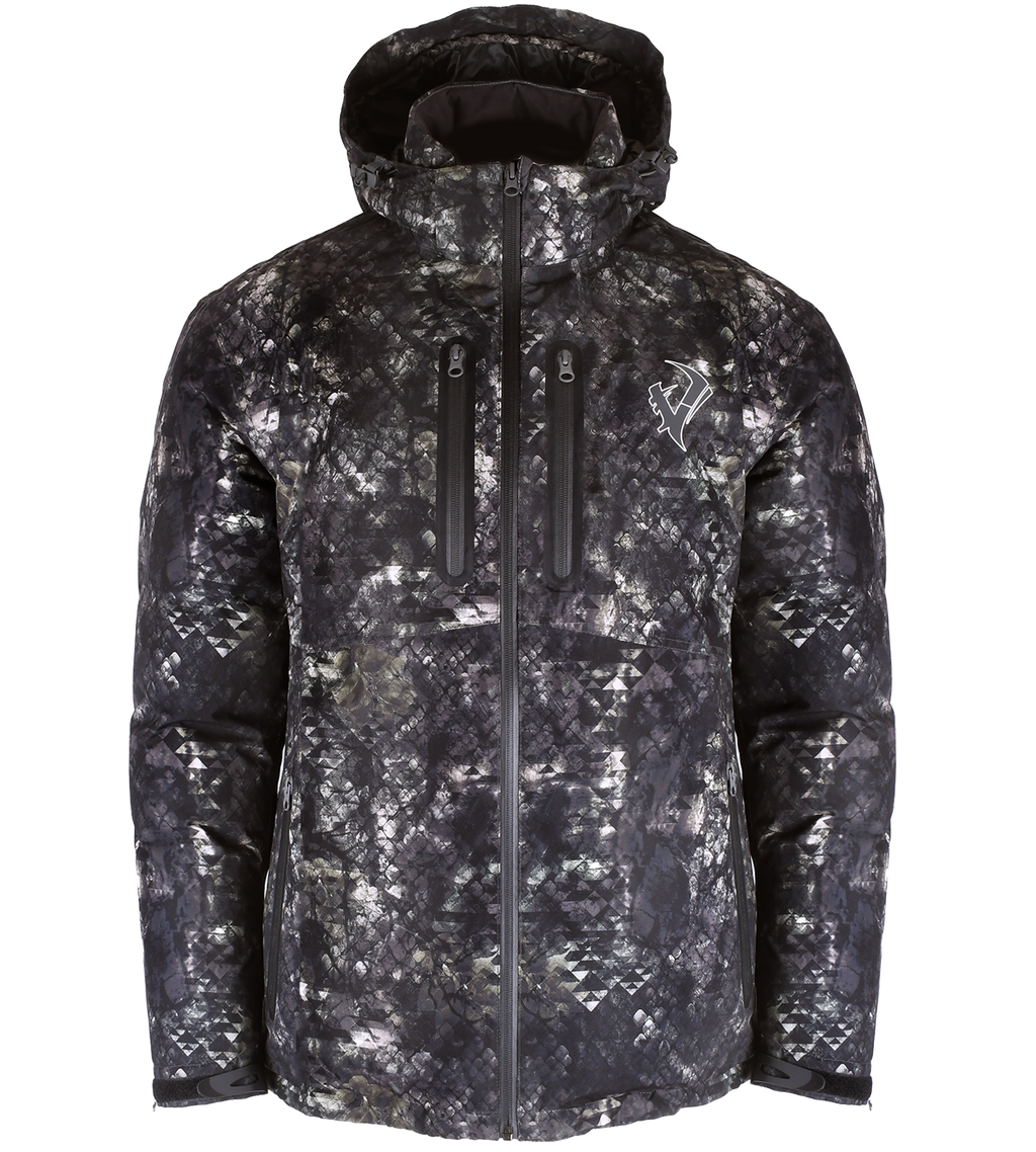 Vycah Sub Zero Jacket in Deep Woods camo, front view of the insulated hooded hunting parka