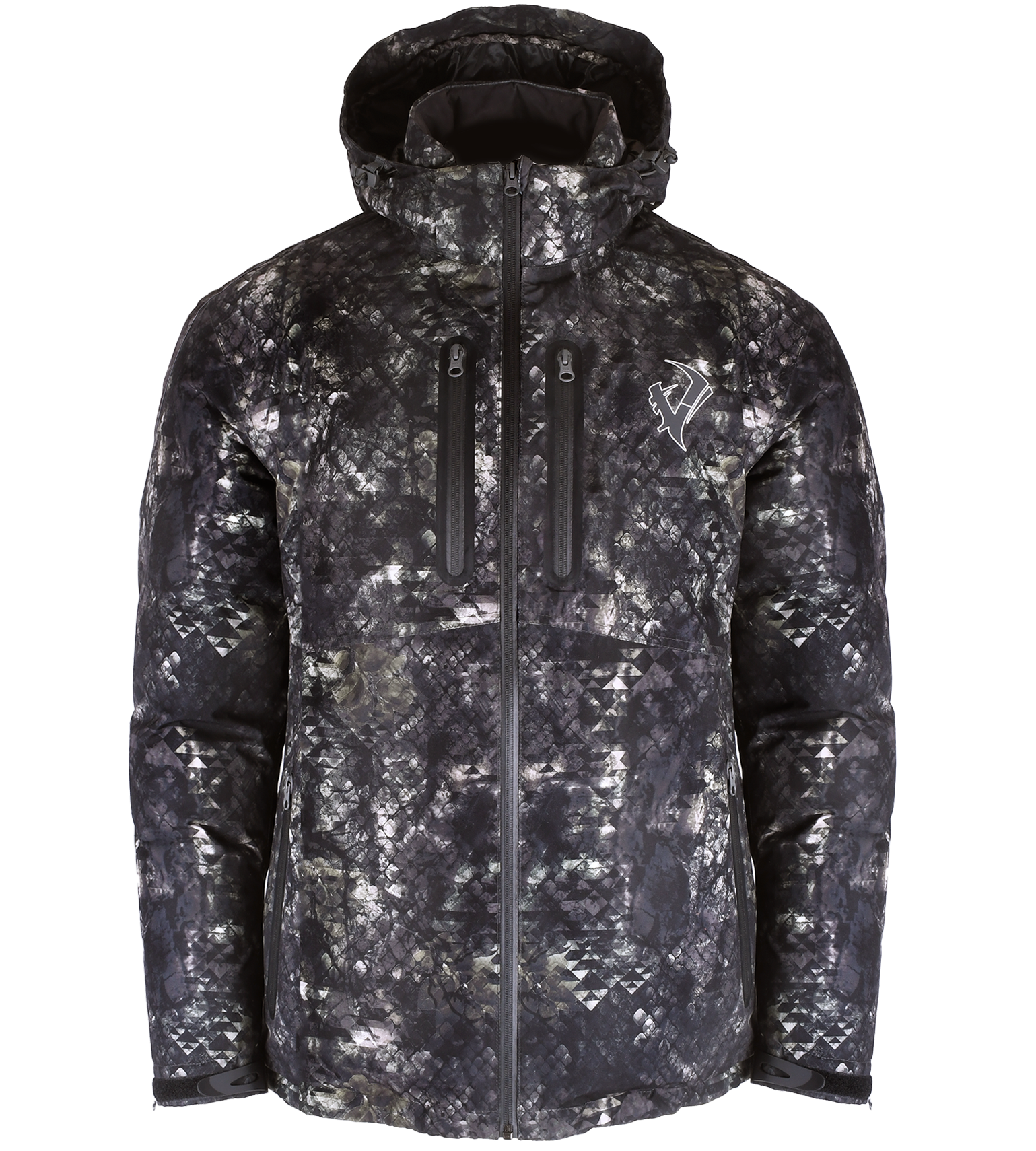 Vycah Sub Zero Jacket in Deep Woods camo, front view of the insulated hooded hunting parka