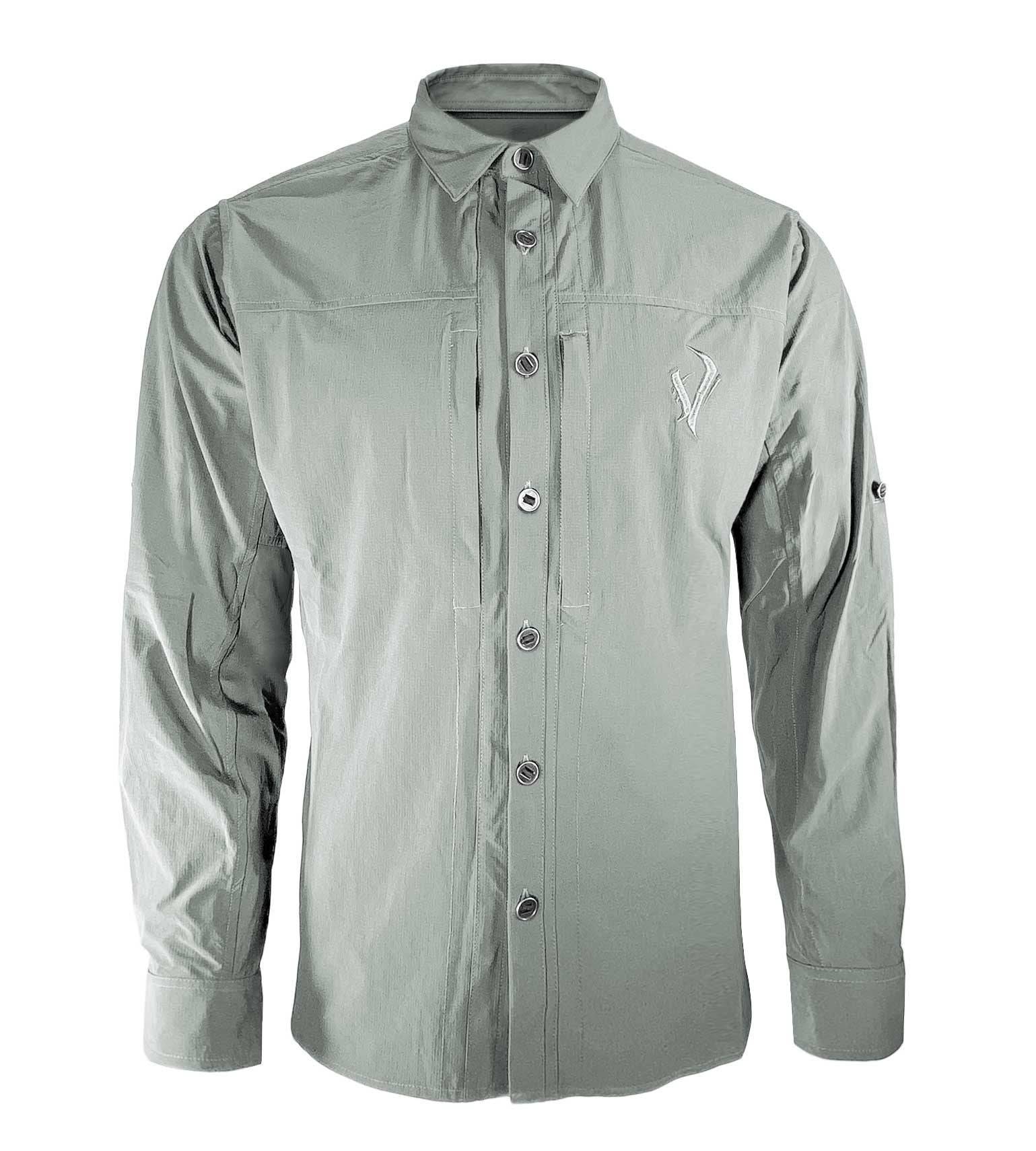 Olive green long sleeve hunting shirt with button front, chest pockets, and logo embroidery for outdoor use