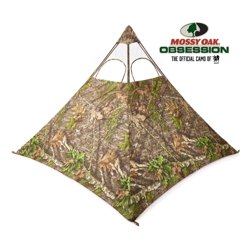 Mossy Oak Obsession camo hunting blind with leaf and bark pattern for woodland concealment