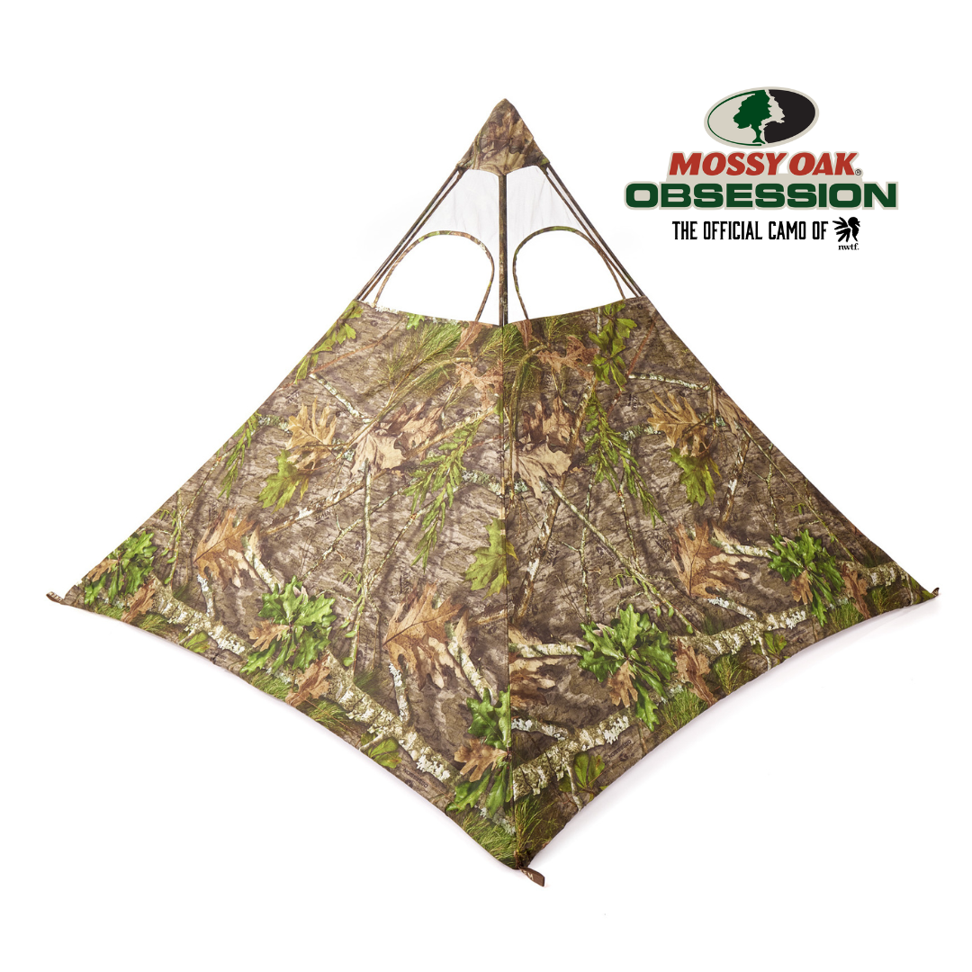 Mossy Oak Obsession camo hunting blind with leaf and bark pattern for woodland concealment