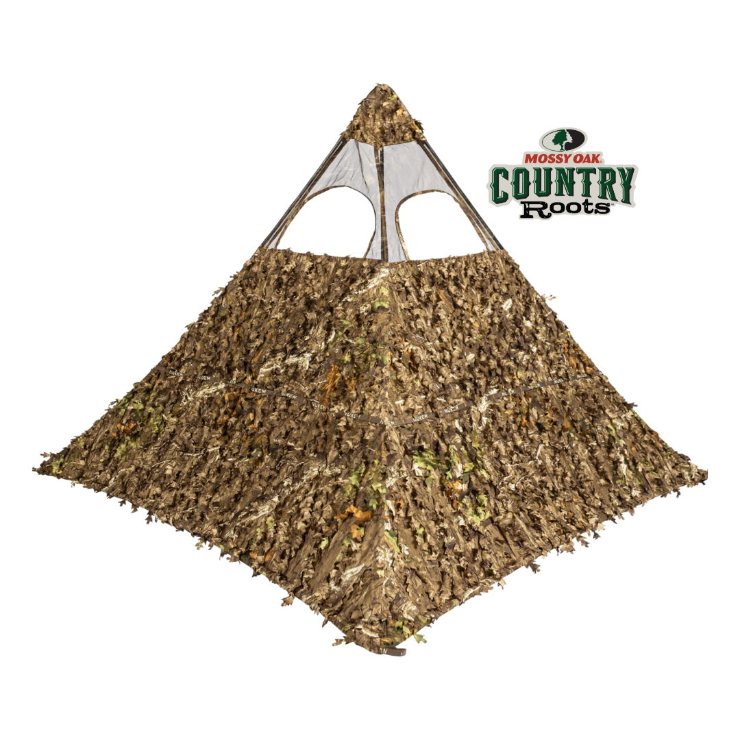 Mossy Oak Country Roots hunting blind with leafy camouflage pattern for outdoor concealment