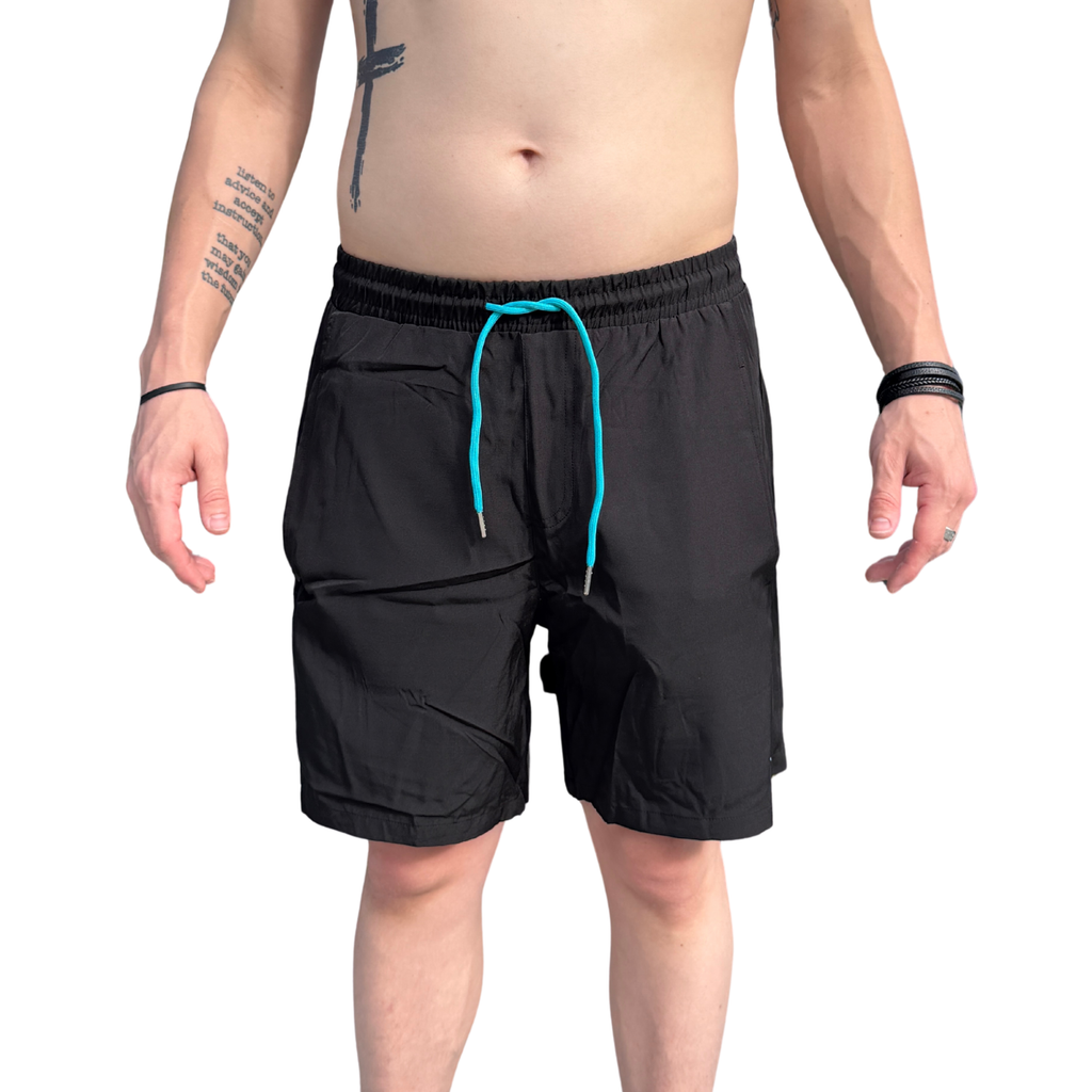 Black quick-dry outdoor shorts with teal drawstring, ideal for hunting and fishing adventures