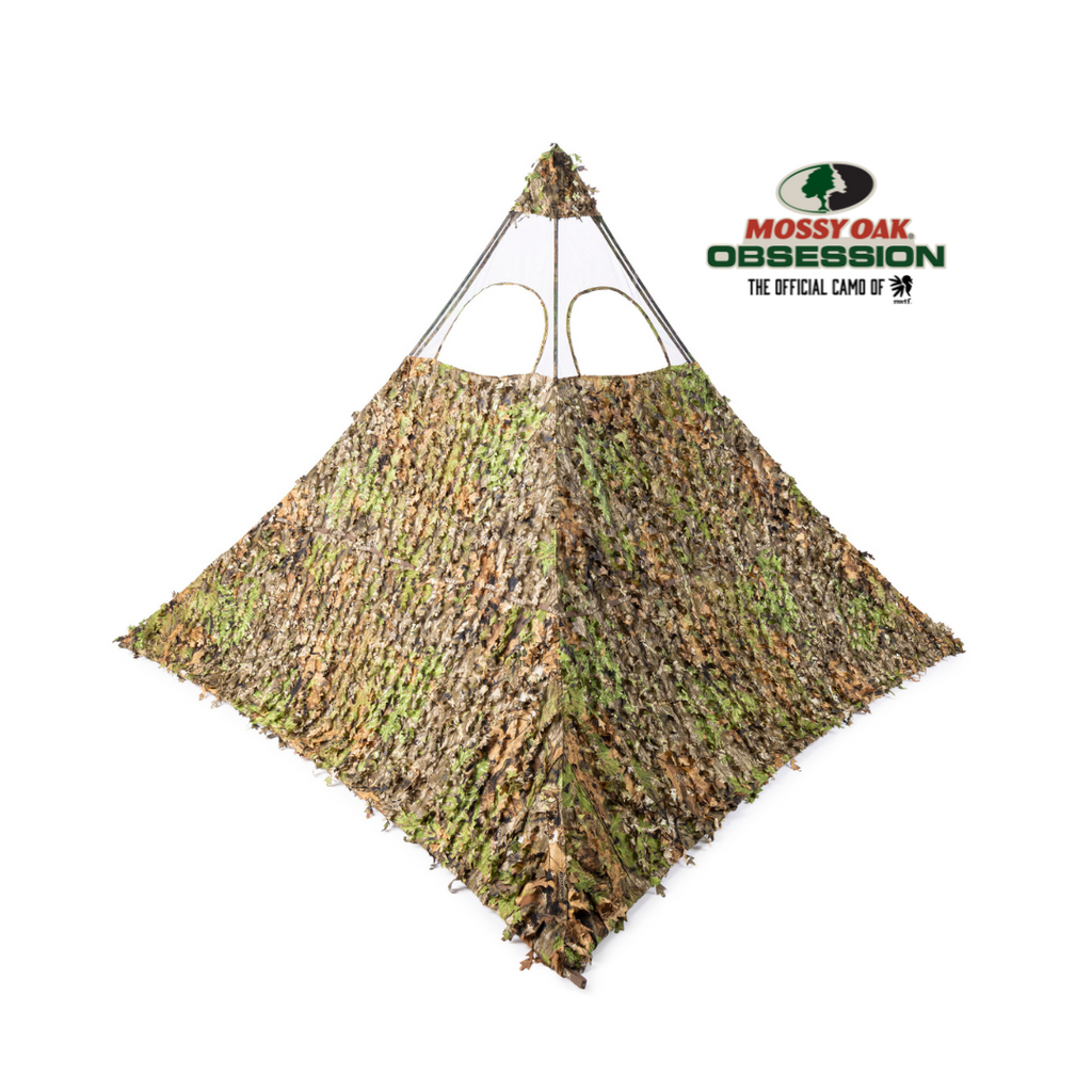 Mossy Oak Obsession camo hunting blind with leafy 3D pattern for forest concealment