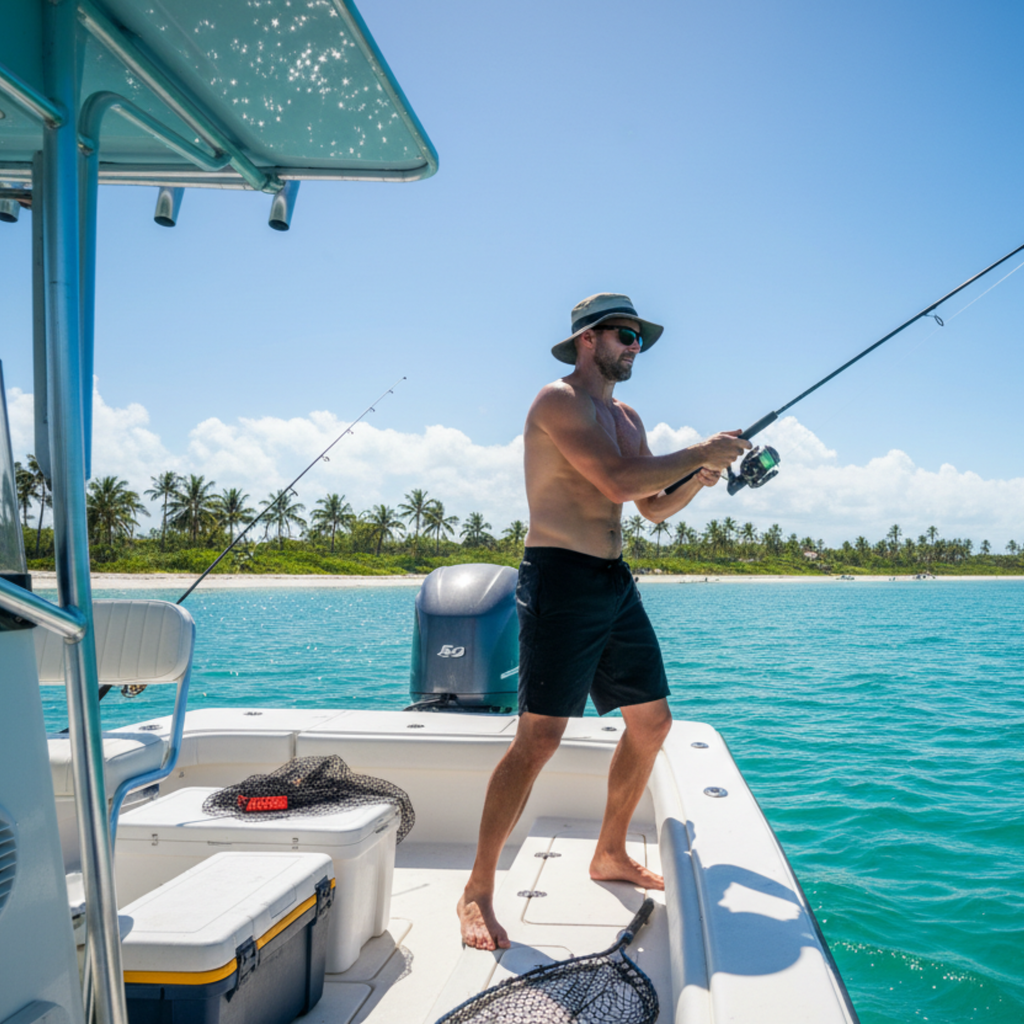 Man fishing from boat wearing sun hat and black shorts, ocean backdrop, fishing rod in hand