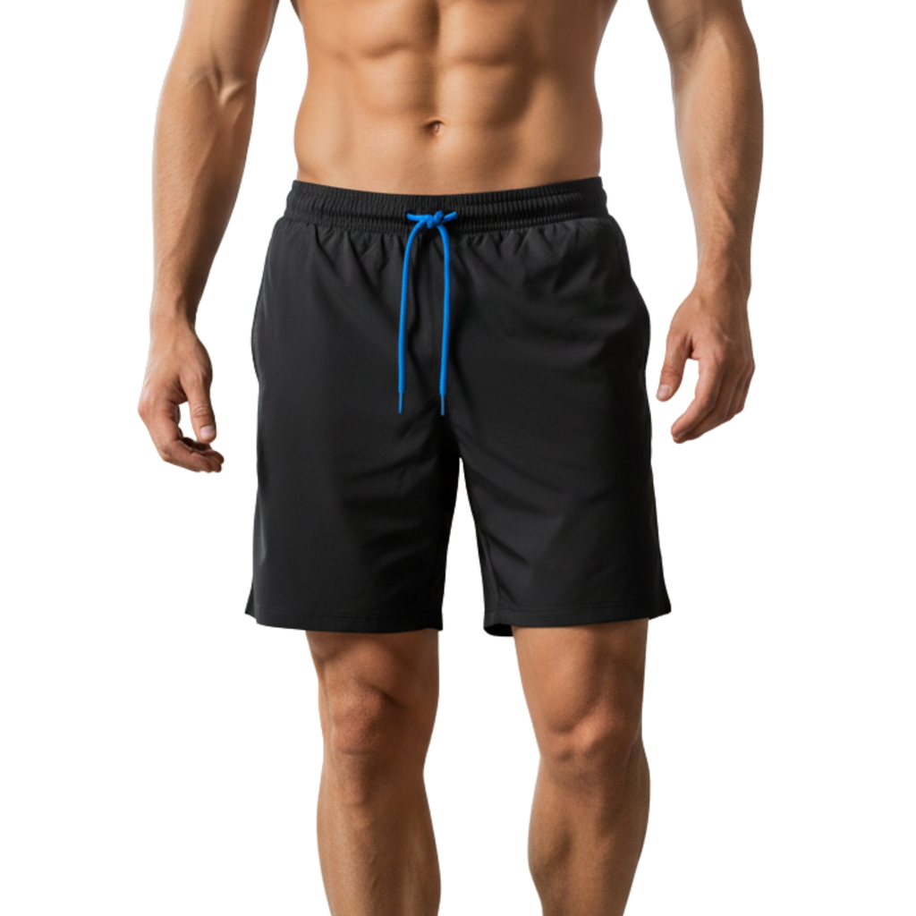 Black quick-dry men's shorts with blue drawstring, ideal for hunting and outdoor activities