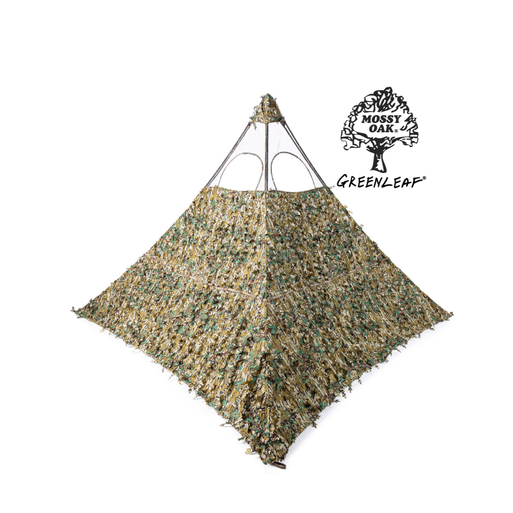 Mossy Oak Greenleaf camo hunting blind with leafy 3D pattern for woodland concealment