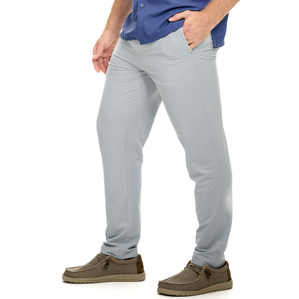 Light gray men's outdoor performance pants for hiking and hunting, slim fit with side pockets