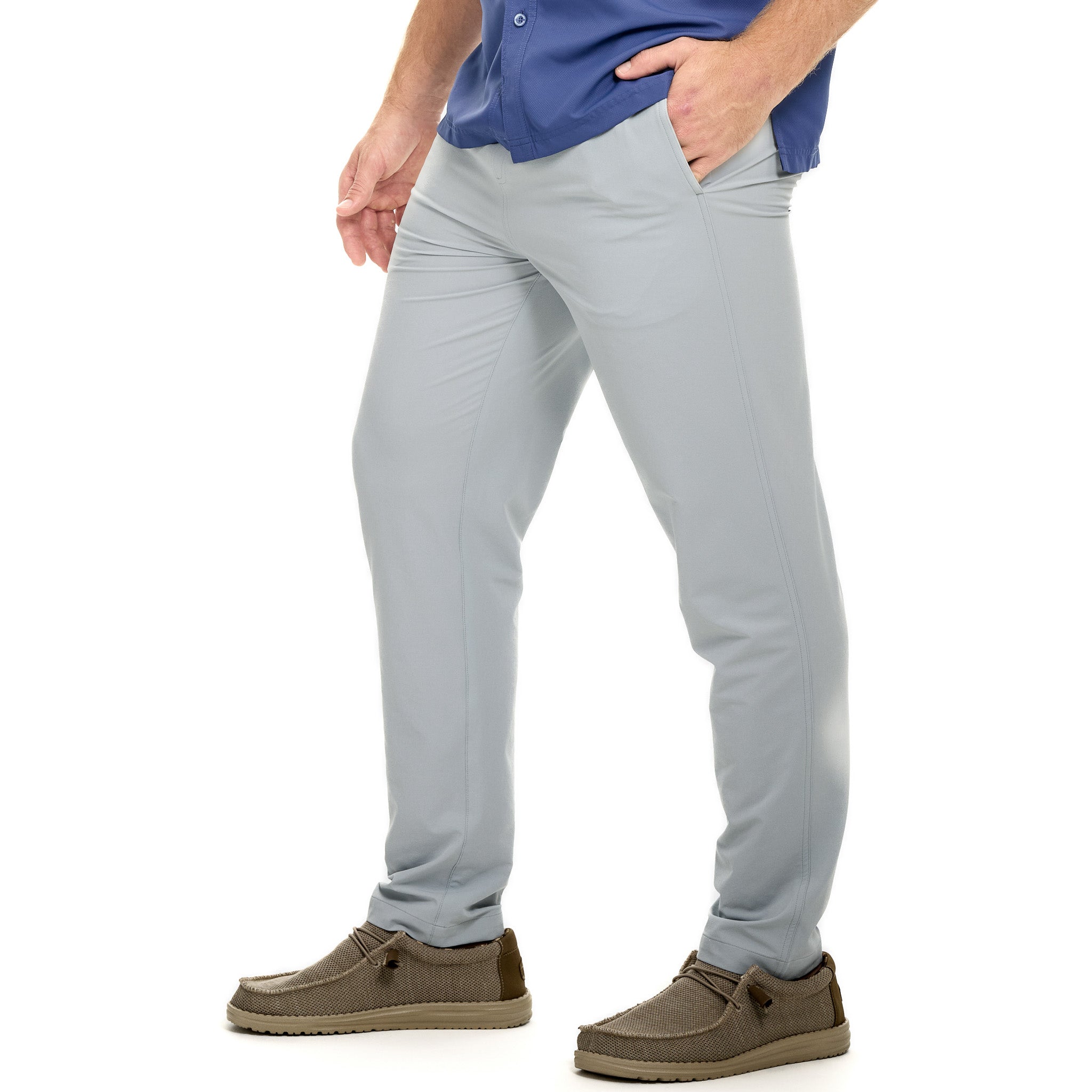 Light gray men's outdoor performance pants for hiking and hunting, slim fit with side pockets
