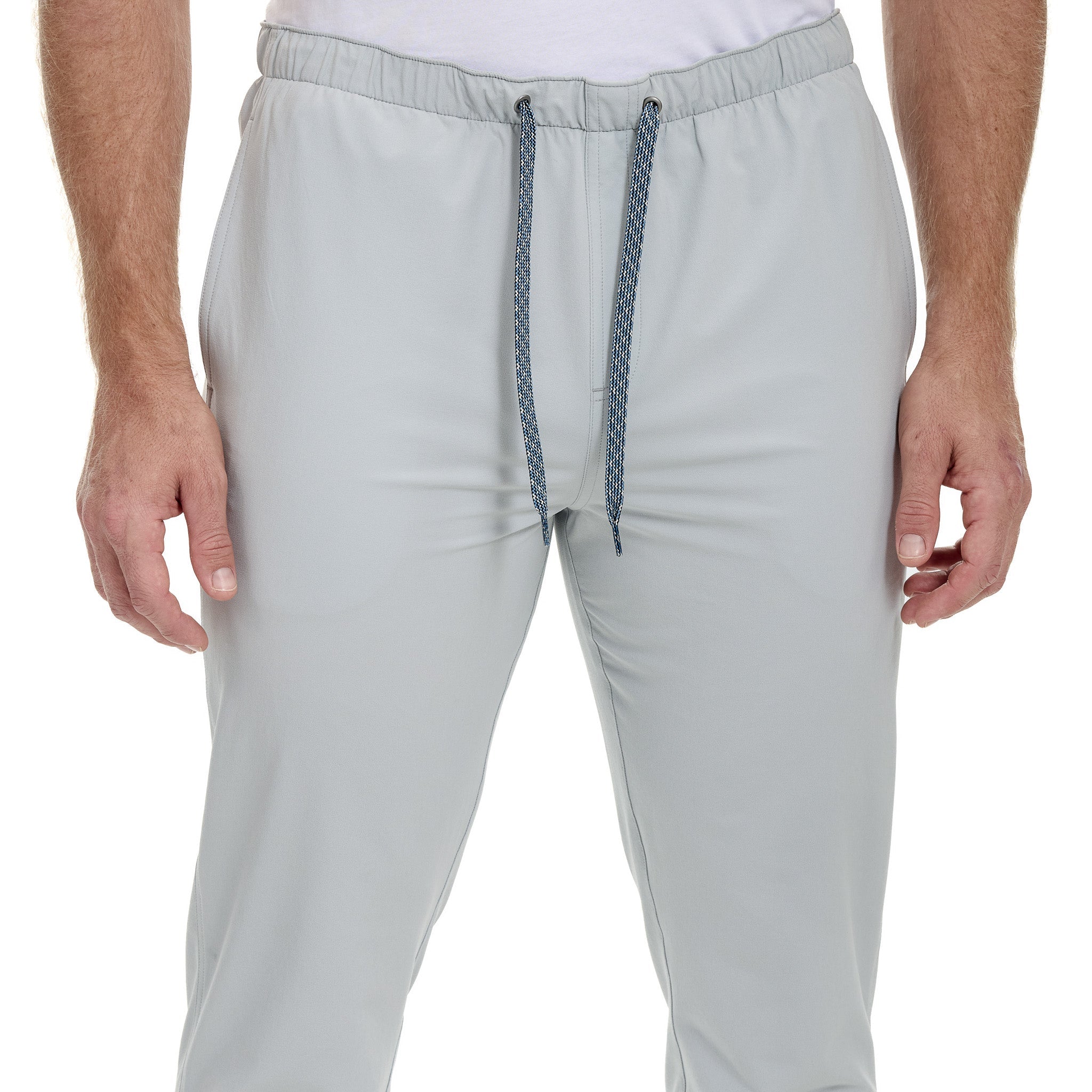 Light gray drawstring pants with blue patterned cords, ideal for outdoor activities and hunting gear