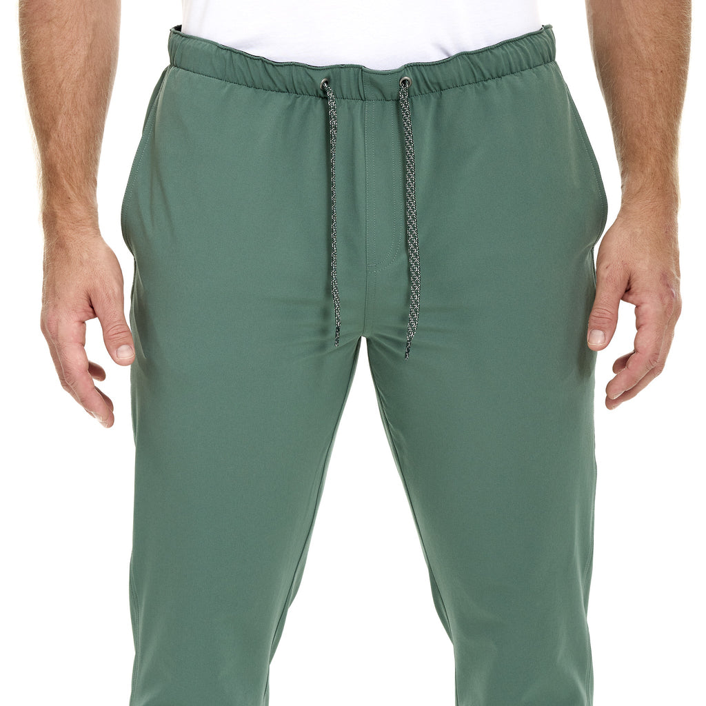 Olive green drawstring hunting pants with elastic waist for outdoor adventures