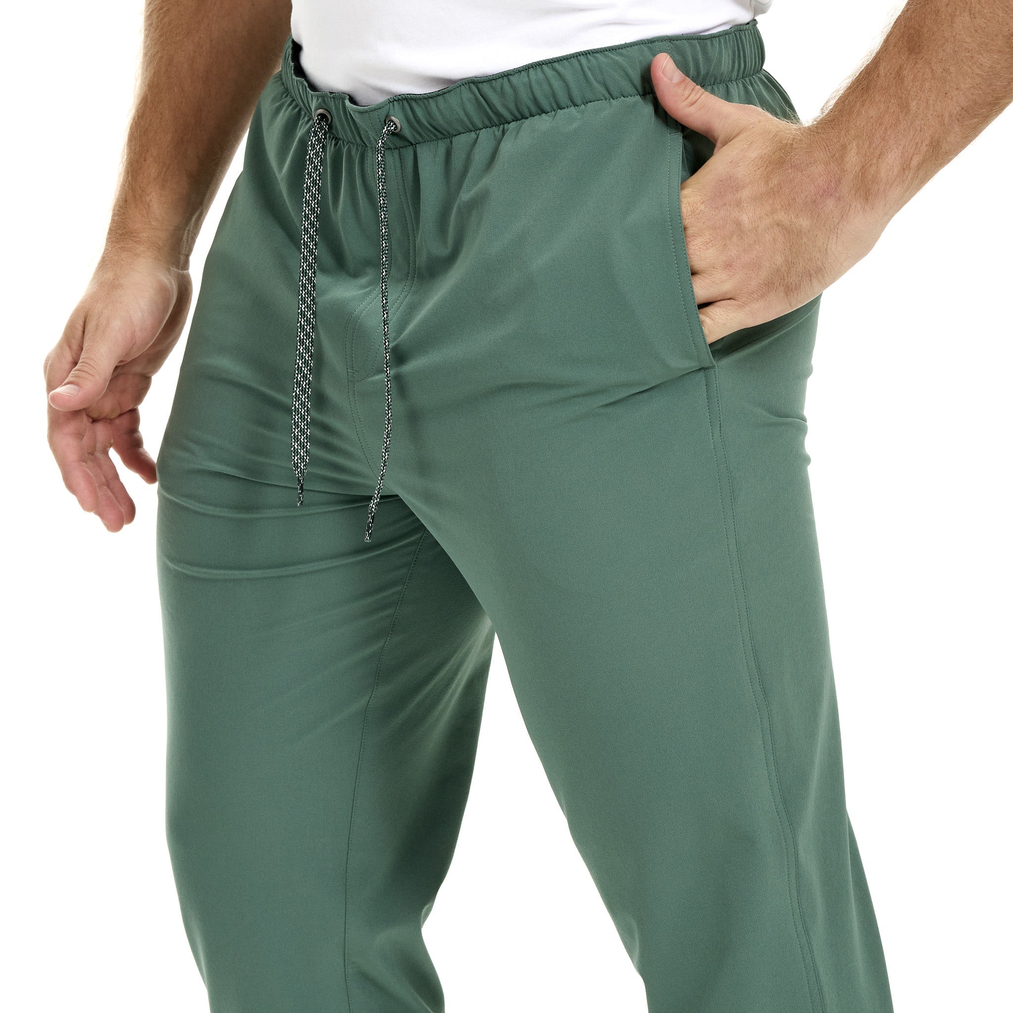 Men's olive green drawstring hunting pants with side pockets, lightweight outdoor wear for hiking and field use