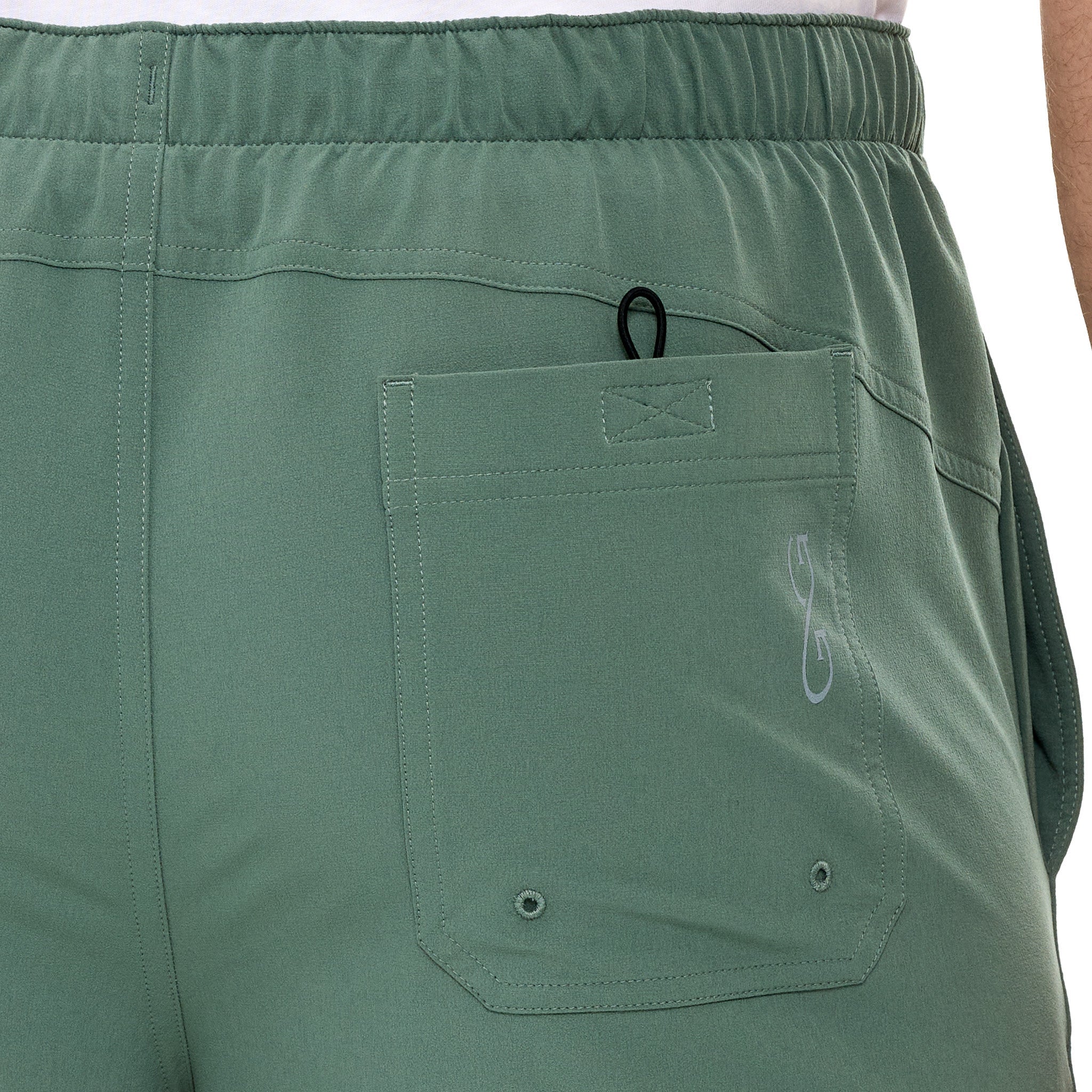 Olive green hunting shorts with rear pocket, drawstring waist, and grommets for outdoor gear storage
