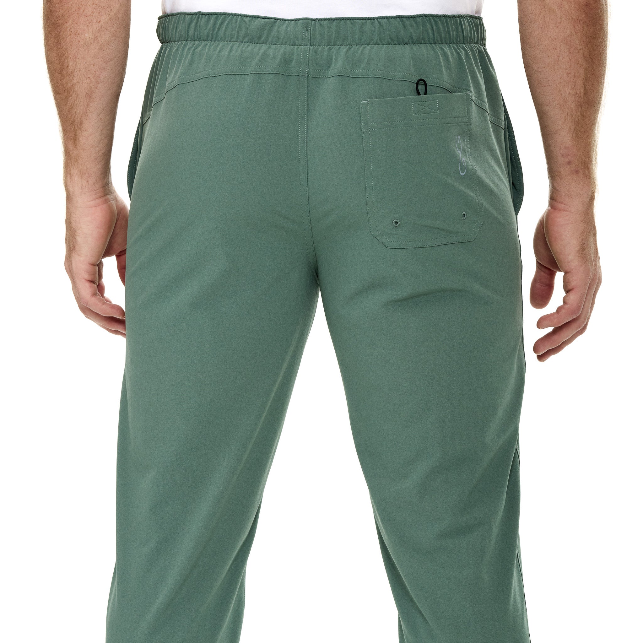Olive green hunting pants with rear pocket, elastic waist, ideal for outdoor adventures and field use