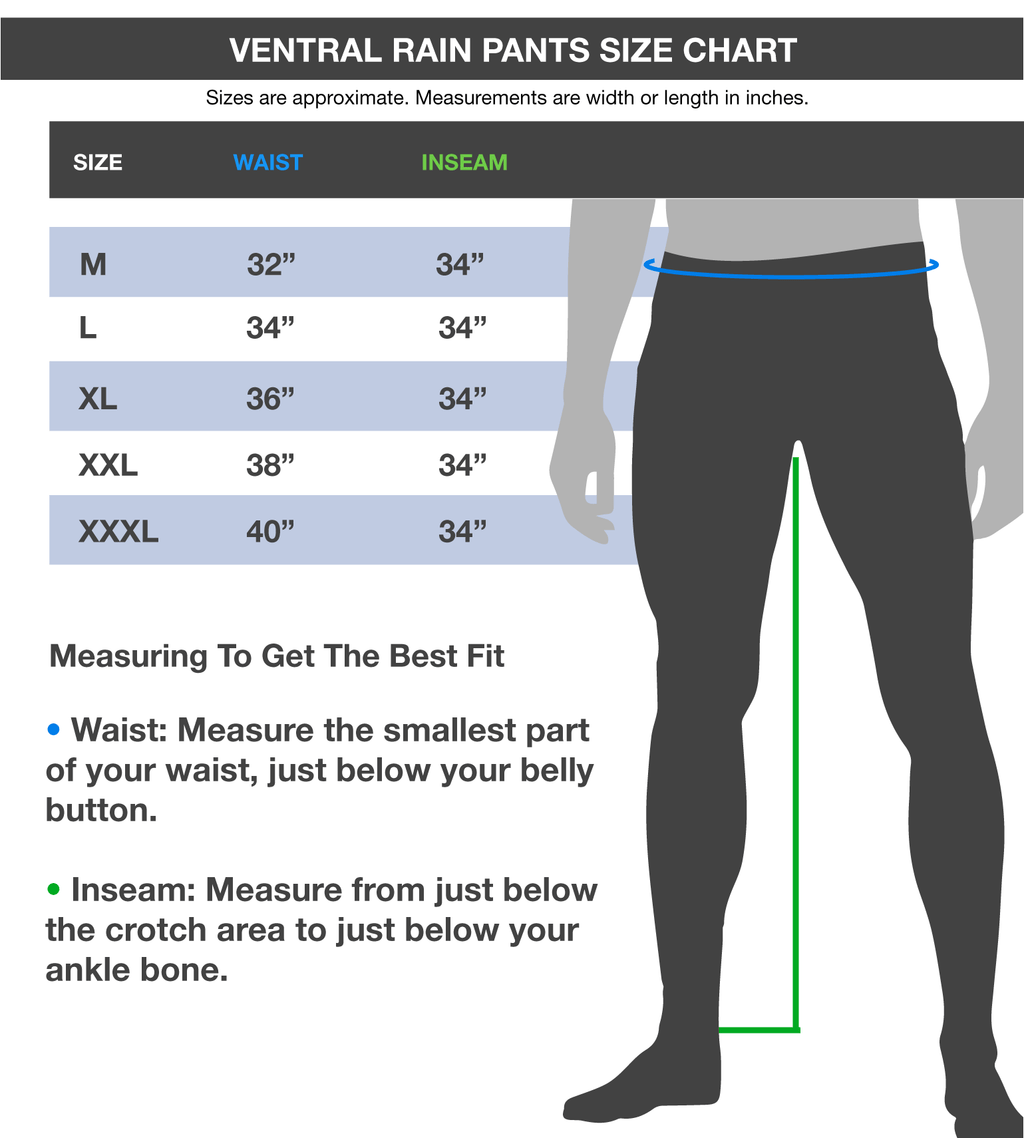 Ventral Rain Pants size chart with waist and inseam measurements for hunting gear fit guide