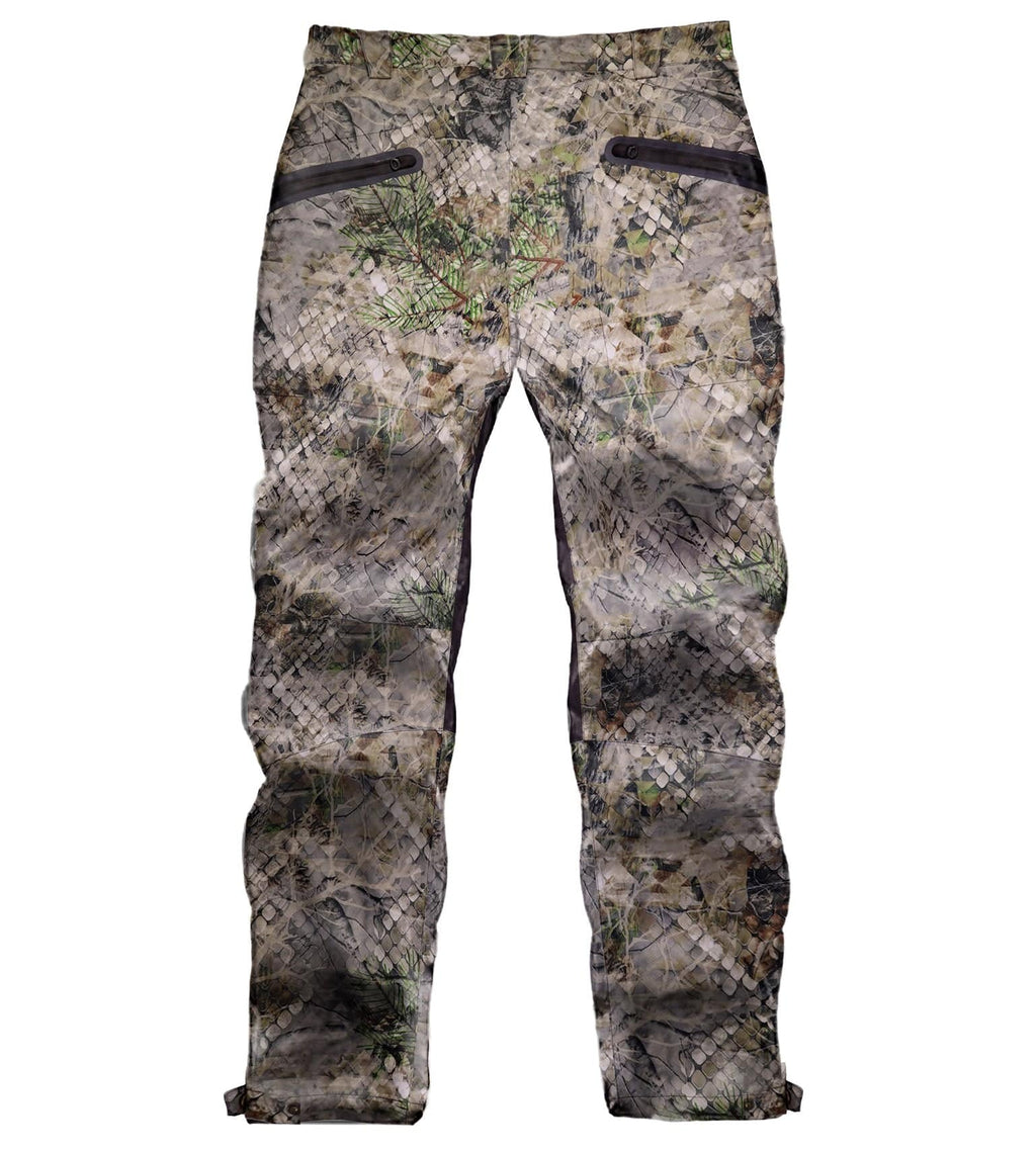 Camouflage hunting pants with zippered pockets and reinforced knees for outdoor use