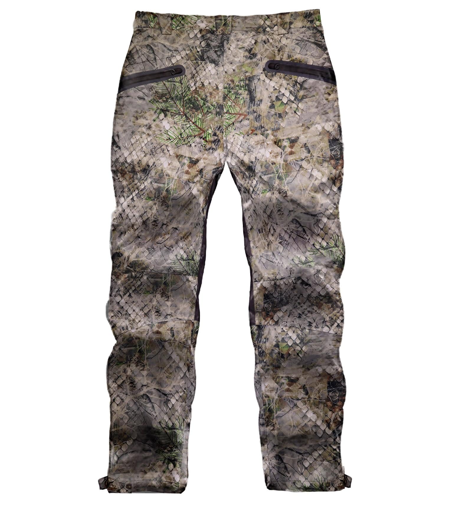 Camouflage hunting pants with zippered pockets and reinforced knees for outdoor use