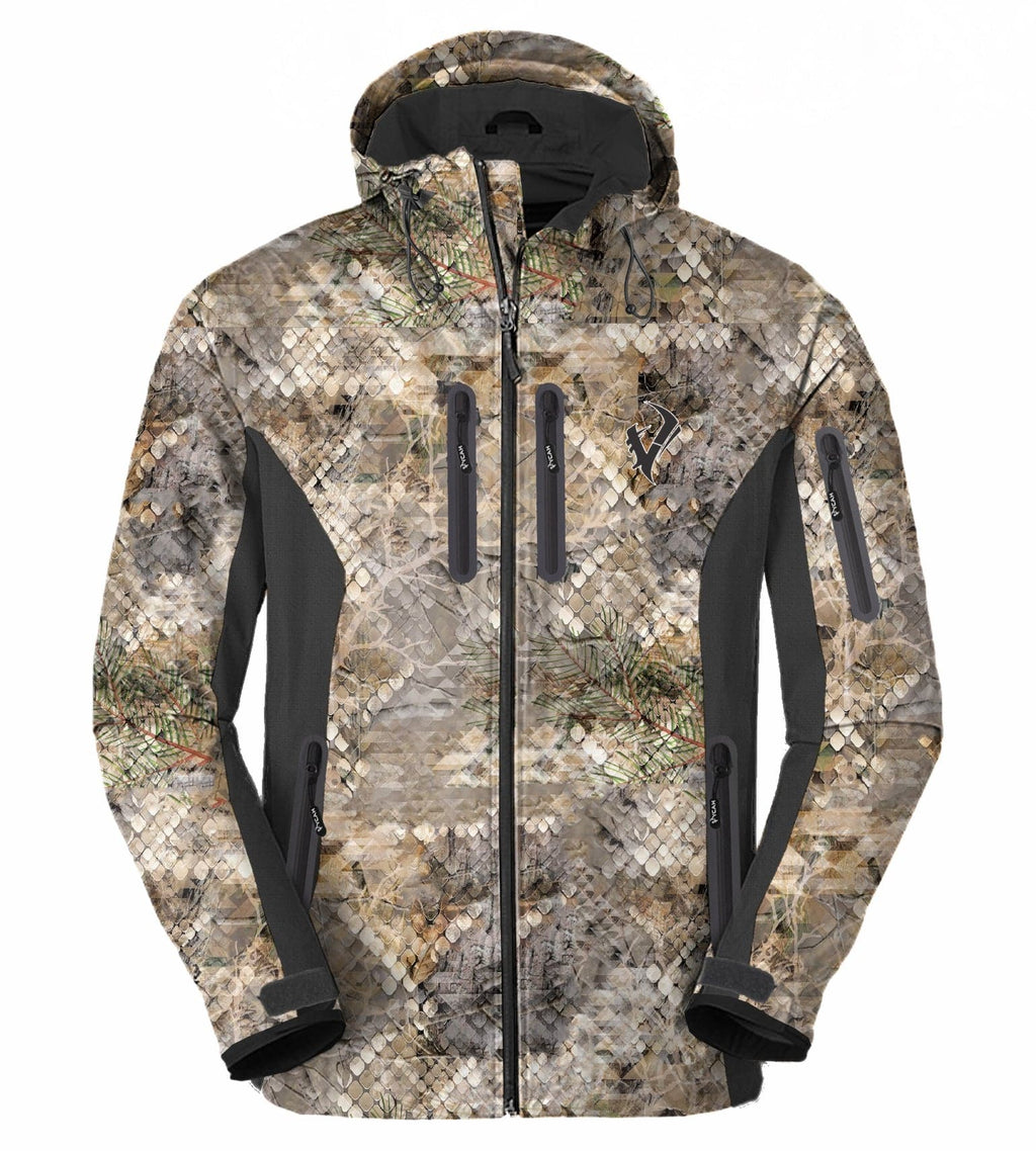 Vycah Ventral Rain Jacket in Fall camo, front view with hood, chest zip pockets and black side panels