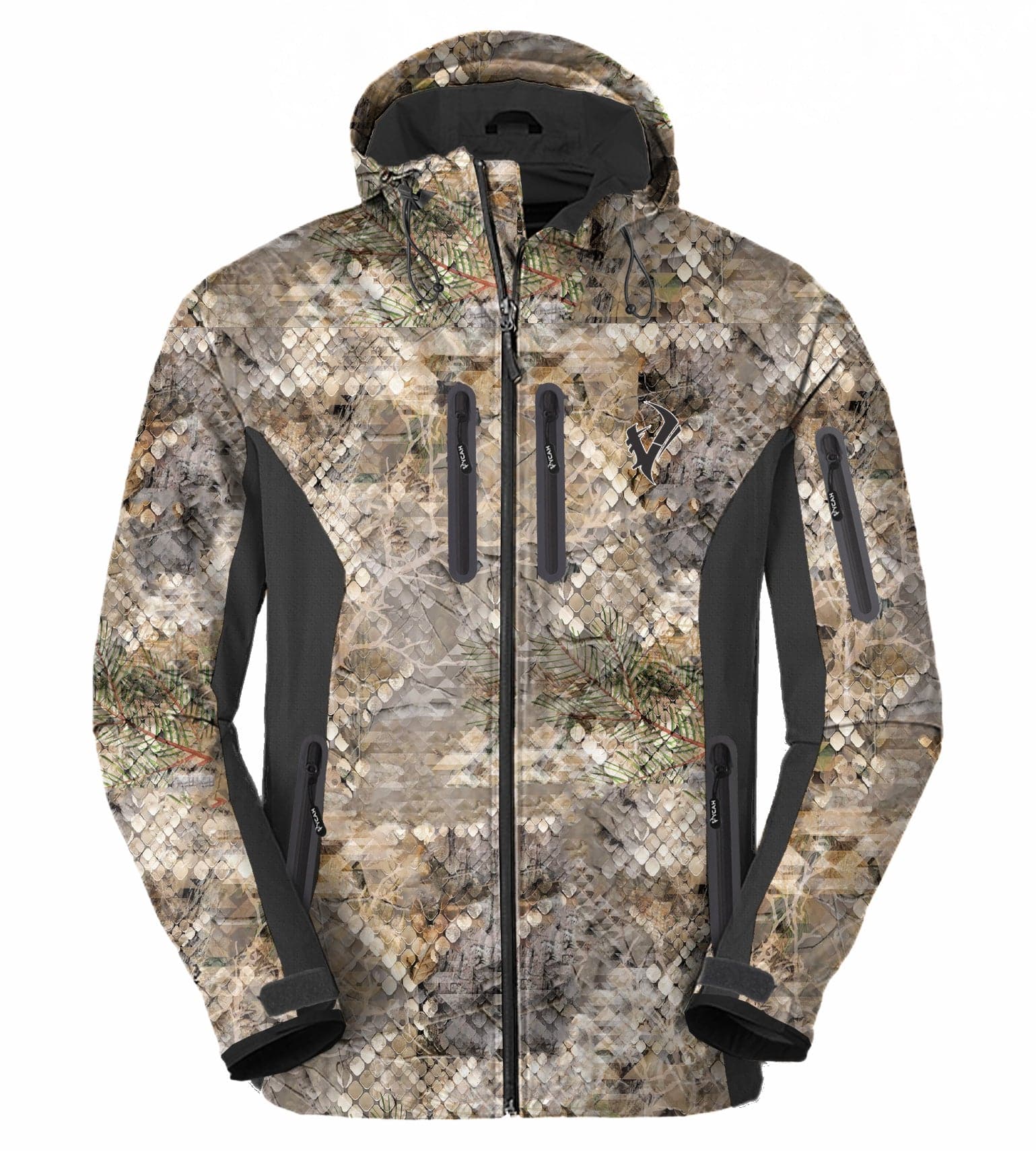 Vycah Ventral Rain Jacket in Fall camo, front view with hood, chest zip pockets and black side panels