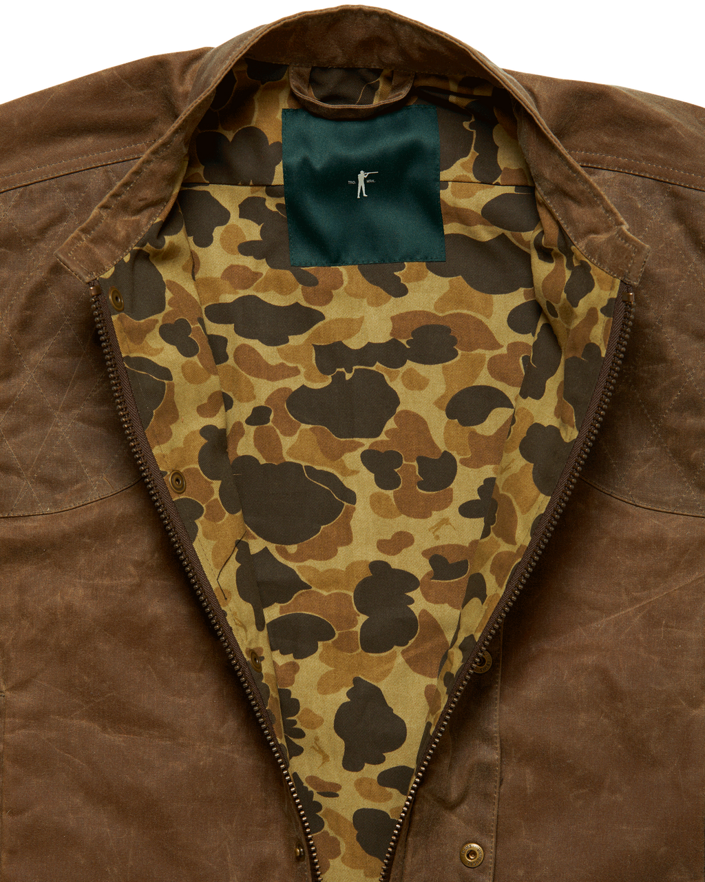 Upland Vest in Dark Oak opened to show the Original Camo lining and green collar facing
