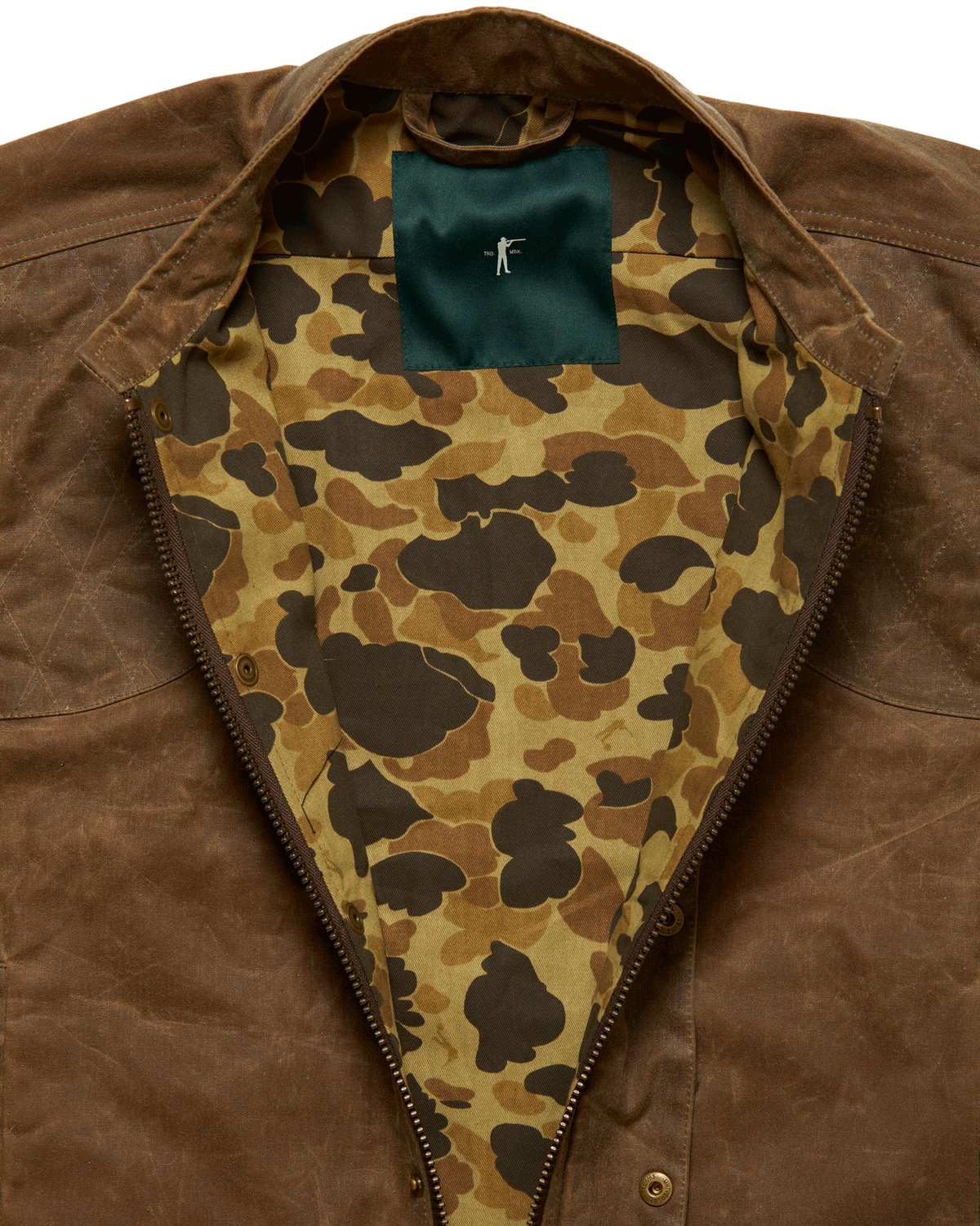Upland Vest in Dark Oak opened to show the Original Camo lining and green collar facing