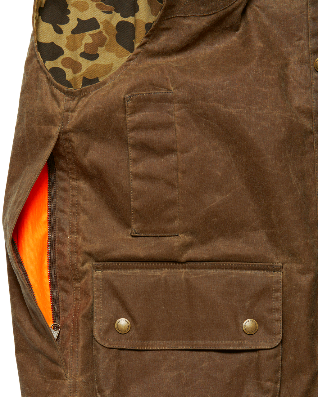 Side-access game pocket with blaze orange liner on the Dark Oak Upland Vest
