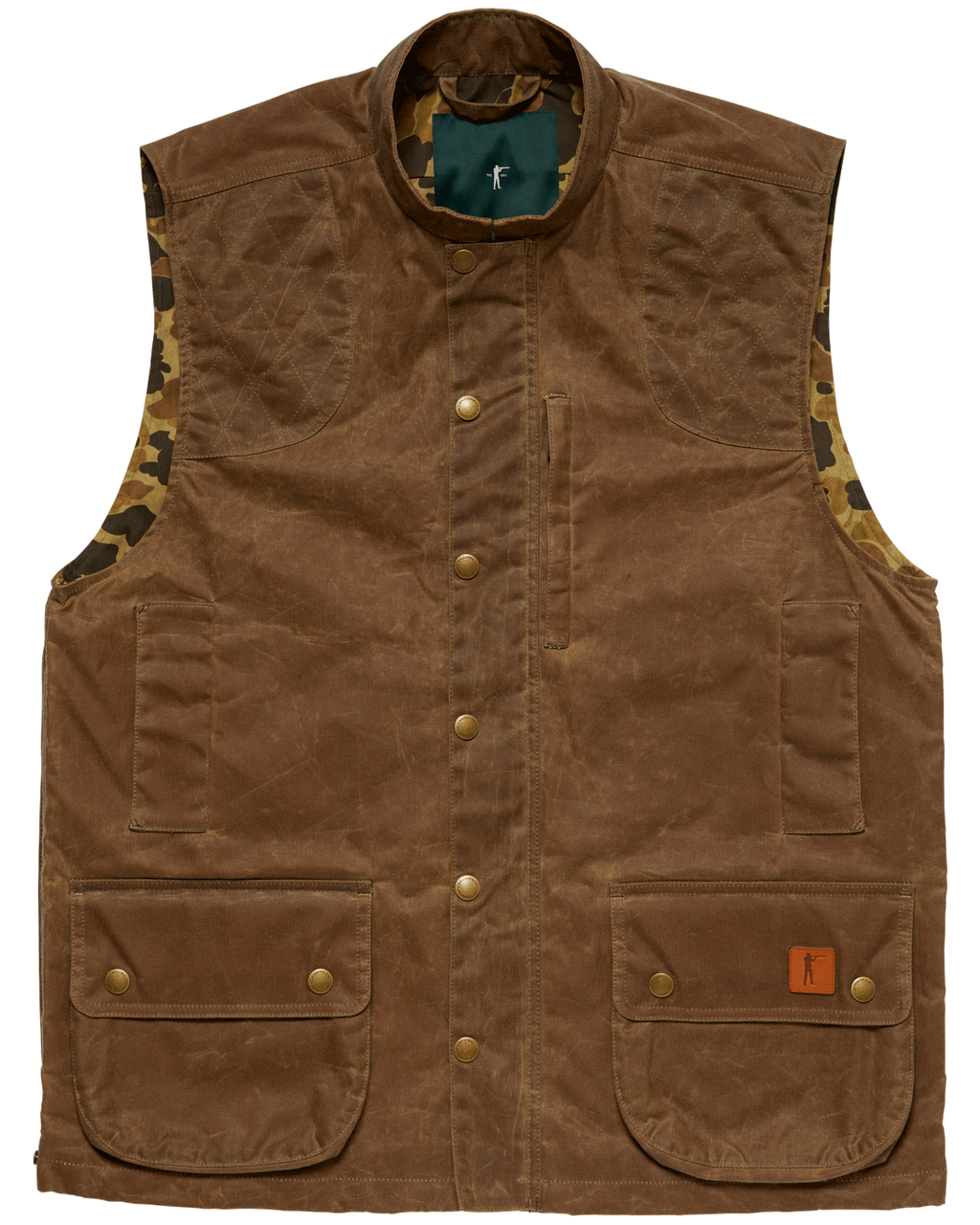 Ball and Buck Upland Vest in Dark Oak waxed cotton, front view with flap pockets and leather Arthur patch