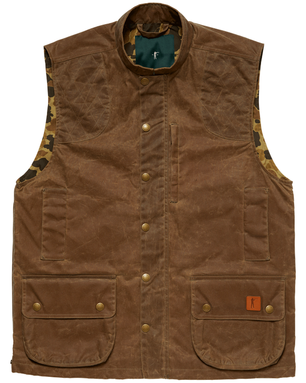 Ball and Buck Upland Vest in Dark Oak waxed cotton, front view with flap pockets and leather Arthur patch