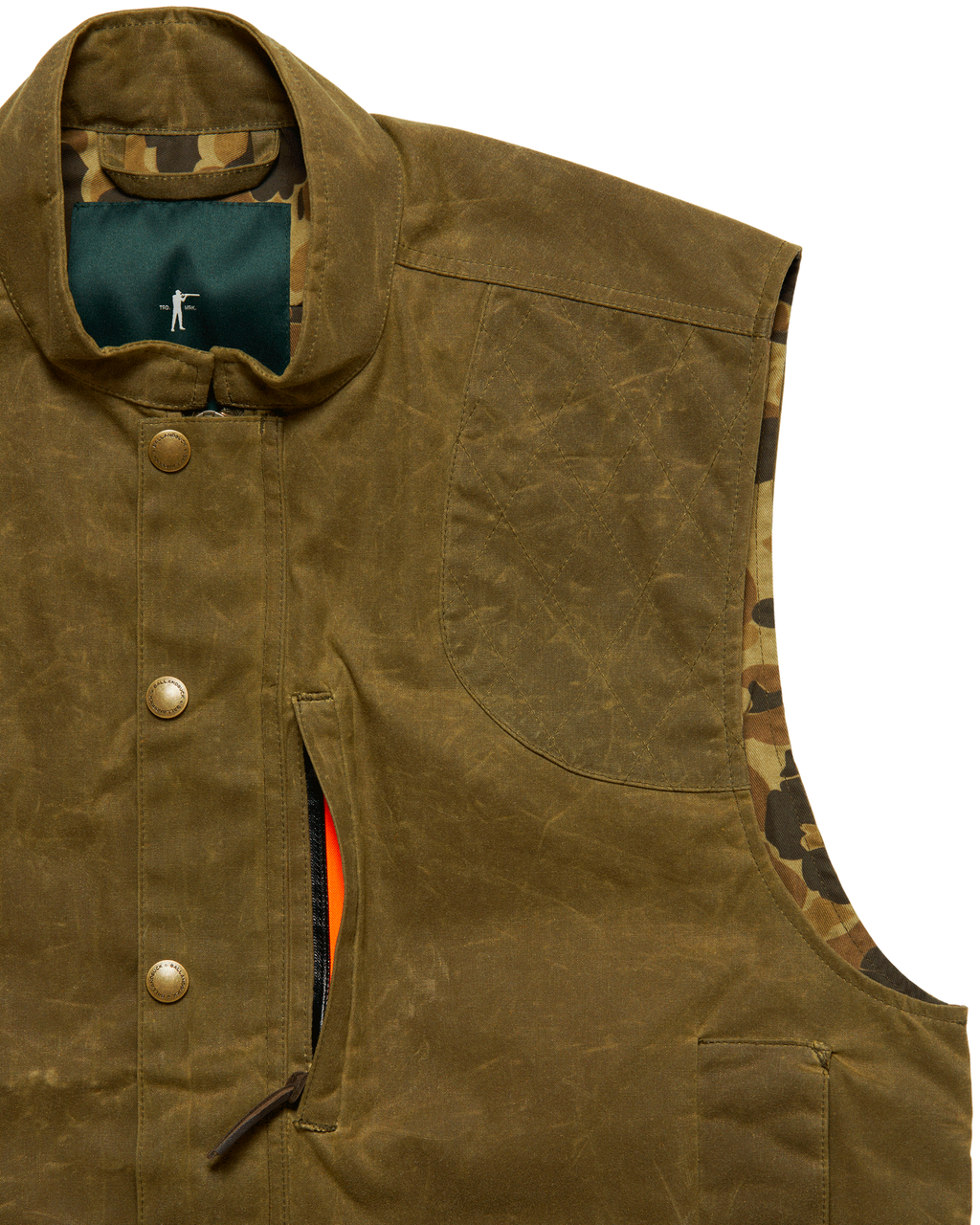 Zippered weather shield chest pocket on the Olive Upland Vest